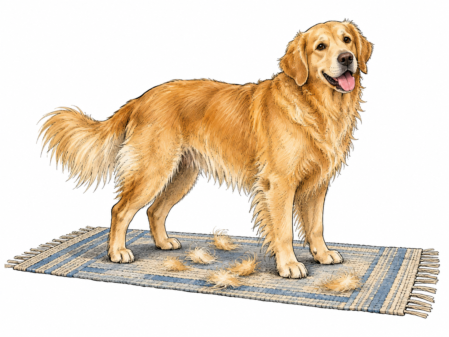 A healthy golden dog naturally sheds a few soft tufts of loose fur onto a rug while standing calmly, no bald patches or injury.