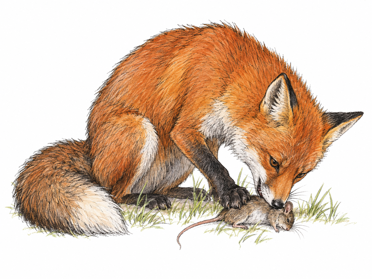 A red fox eating a freshly caught field mouse, showing one animal taking another as food in a simple, non-graphic wildlife scene.
