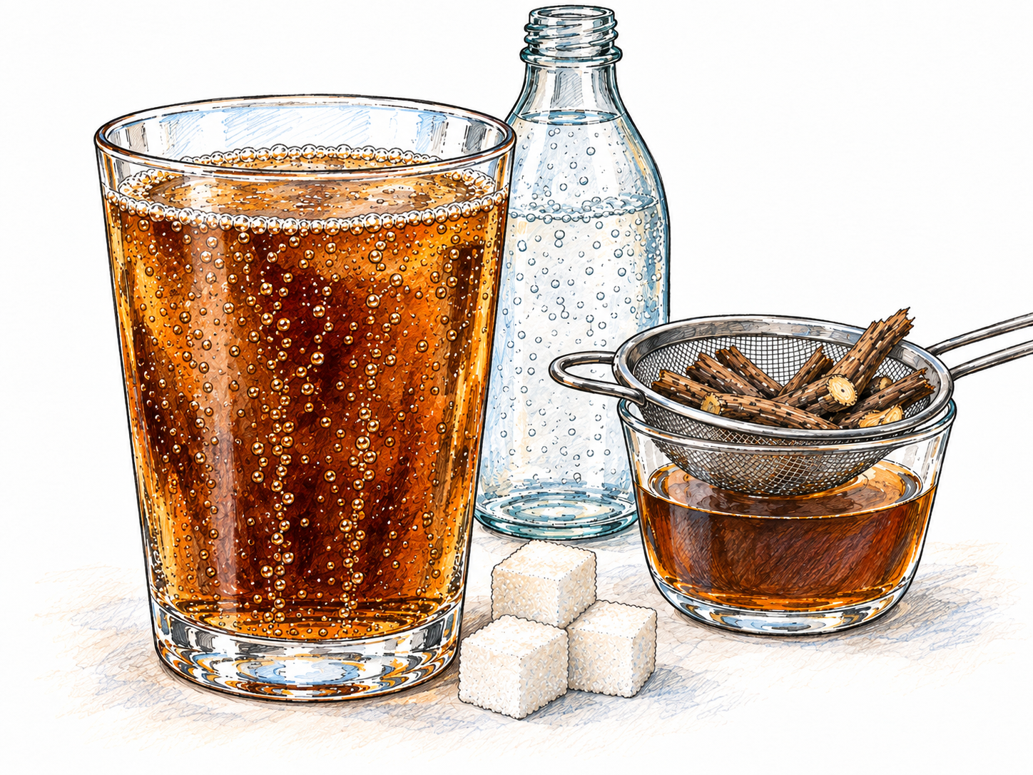 A compact beverage-preparation still life makes the frozen sense visible: root extract and sugar beside a finished, visibly carbonated amber soft drink.