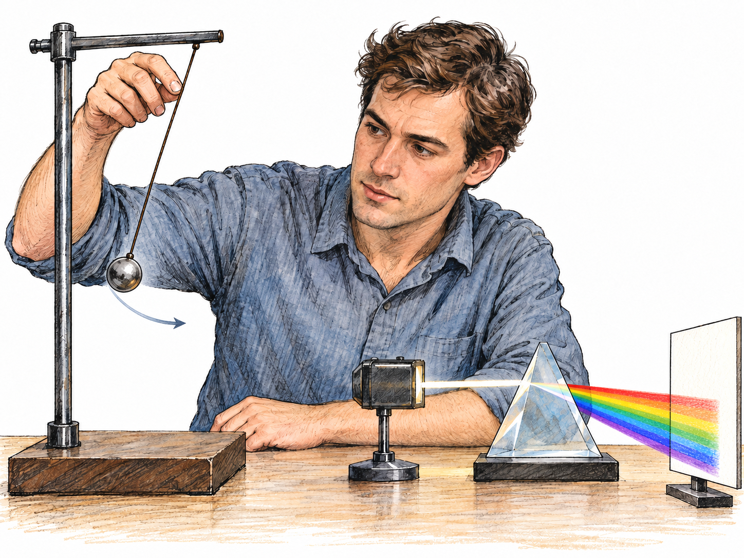 A young scientist studies forces and motion using a tabletop pendulum experiment, with a prism splitting white light into a spectrum beside it.