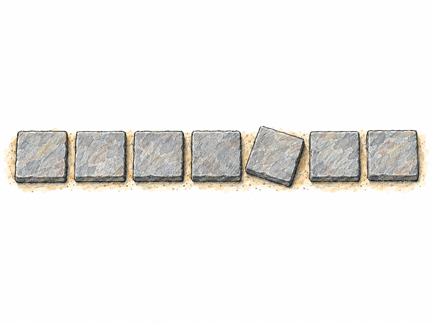 A straight row of identical square paving stones has one stone noticeably rotated out of alignment, making a single departure from the regular pattern immediately visible.