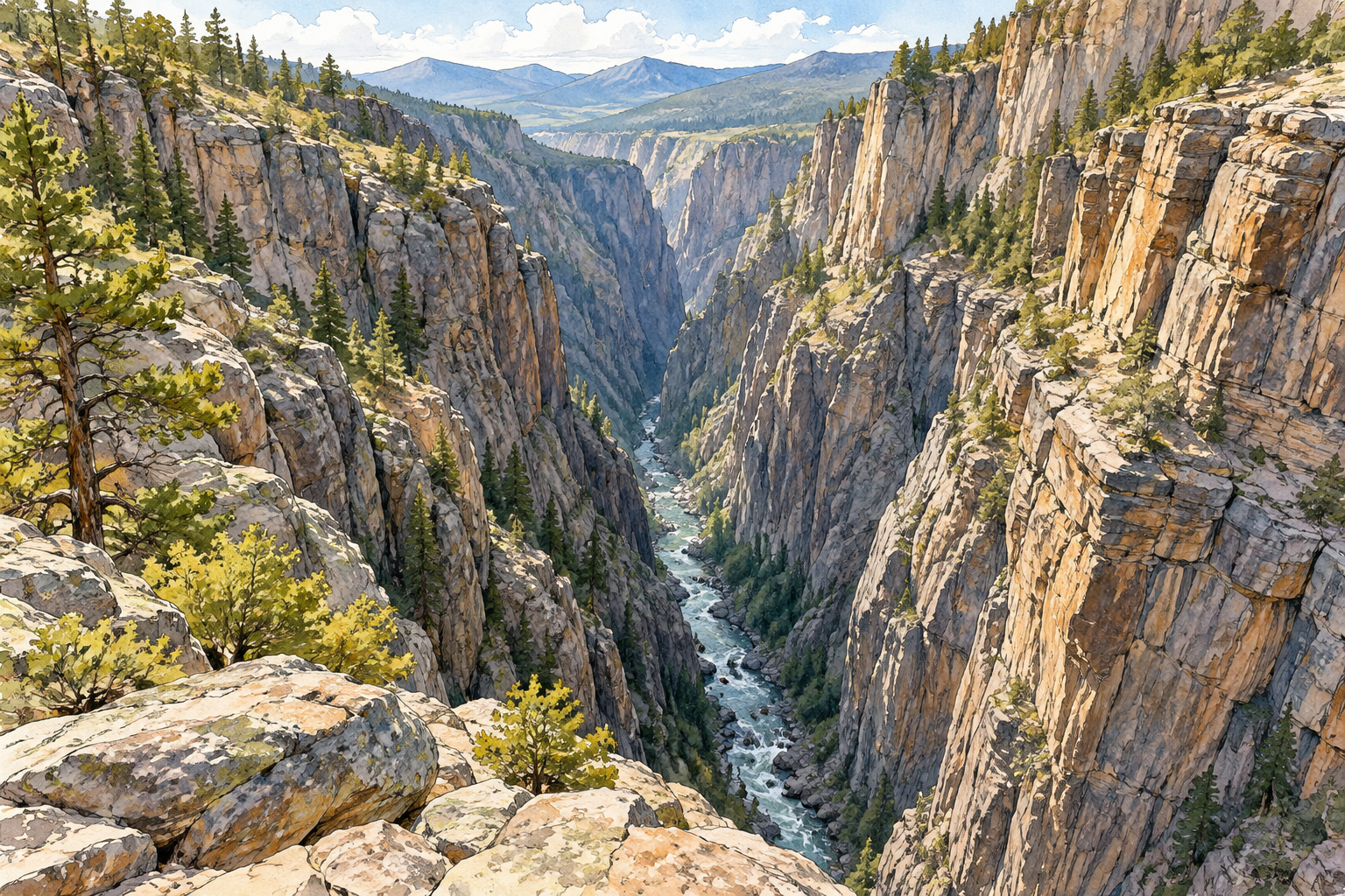 A deep narrow rocky ravine seen from a safe high overlook, two steep rugged walls plunge toward a thin stream far below, sparse trees cling to ledges, sunlight catches layered stone.