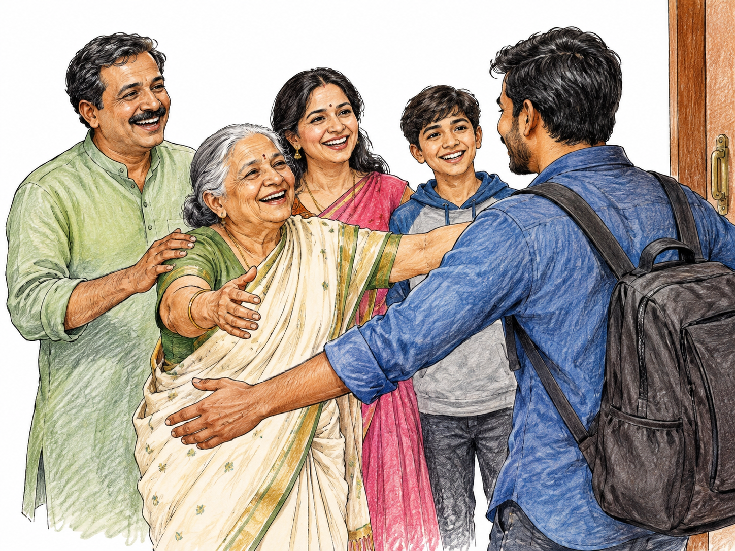 Family members warmly greet a returning adult relative at a doorway, open arms and familiar smiles conveying one's folks; small doorframe fragment only.