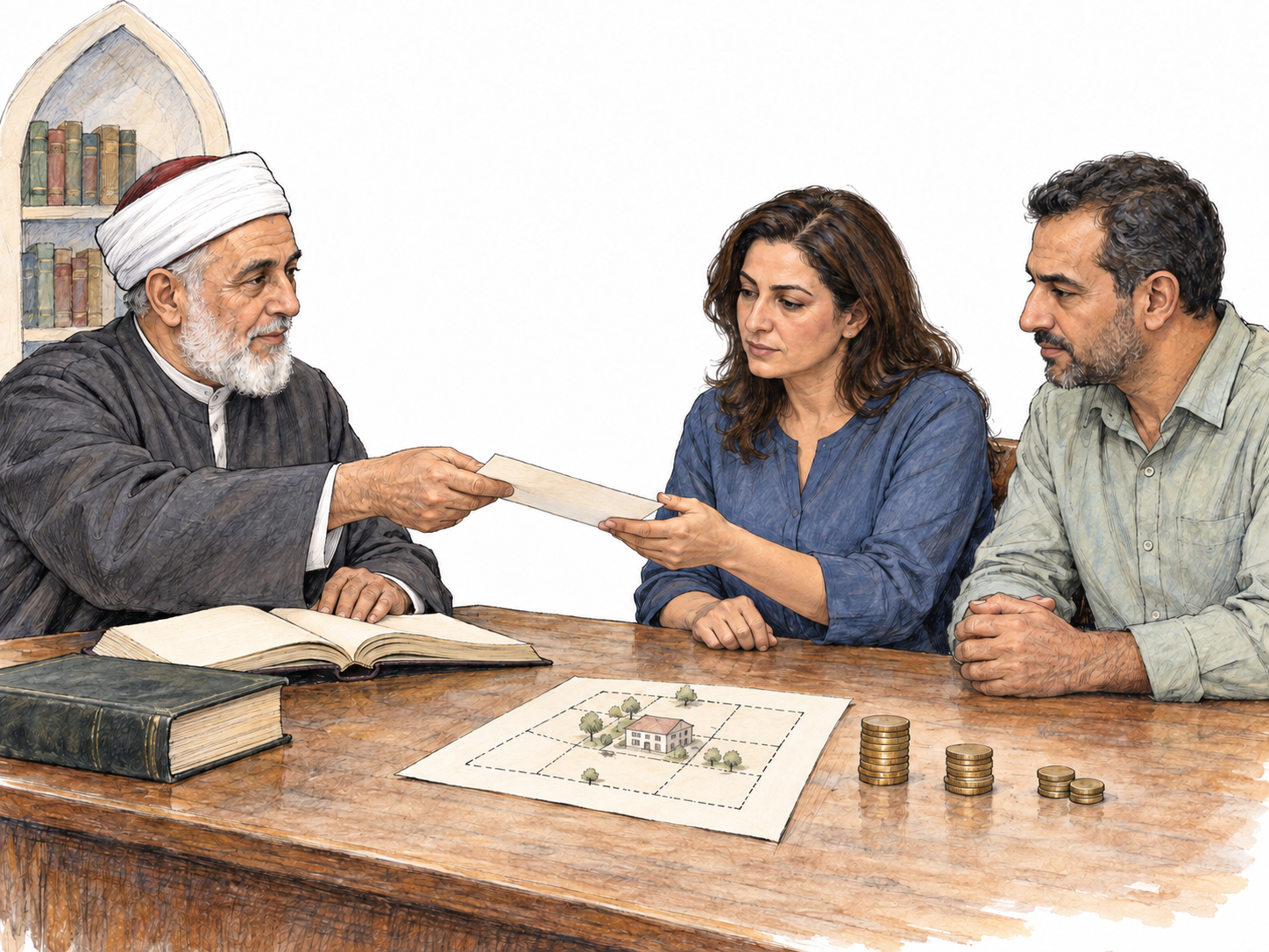 An Islamic scholar issues a written opinion during a private consultation about dividing inherited property, with scholarly reference books and a concrete property-allocation diagram reinforcing the legal context rather than a sermon or judicial sentence.