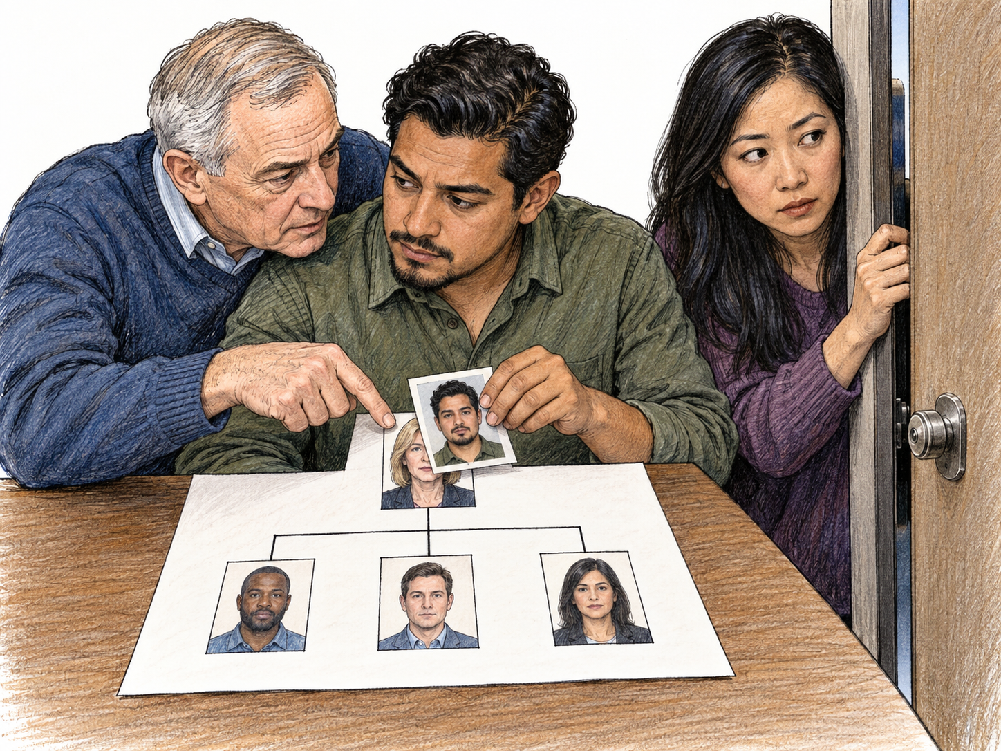 Three conspirators meet behind a nearly closed door, covertly rearranging a portrait-based leadership chart to replace its top figure with one of their own.