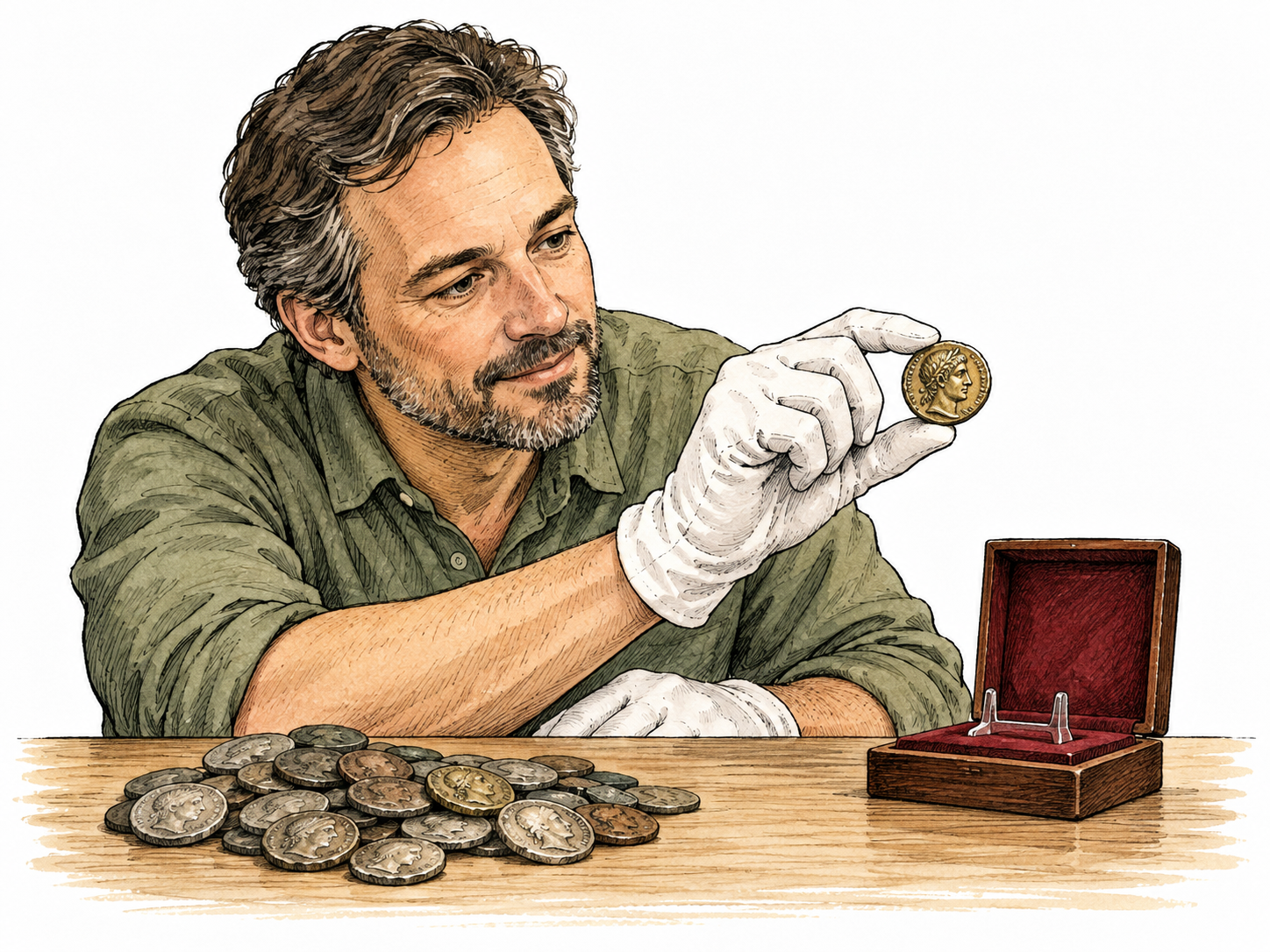 A collector carefully displays one unusual ancient coin apart from common coins, singular rare object.