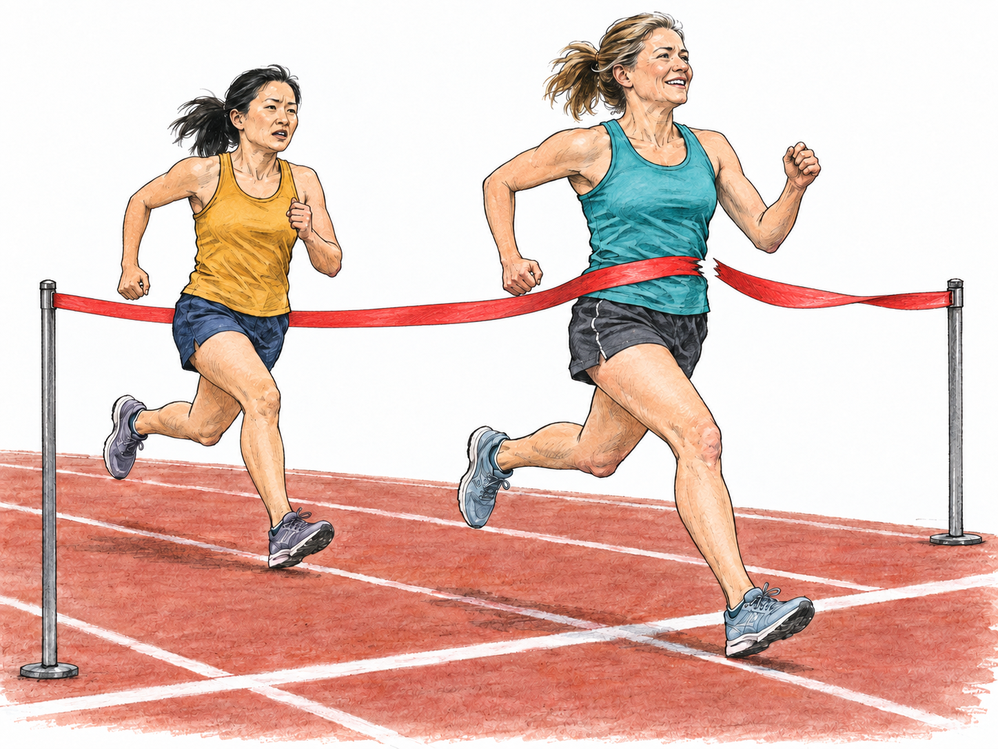 Prevail: a runner breaks the finish tape ahead of her nearest rival, visibly winning a close race.