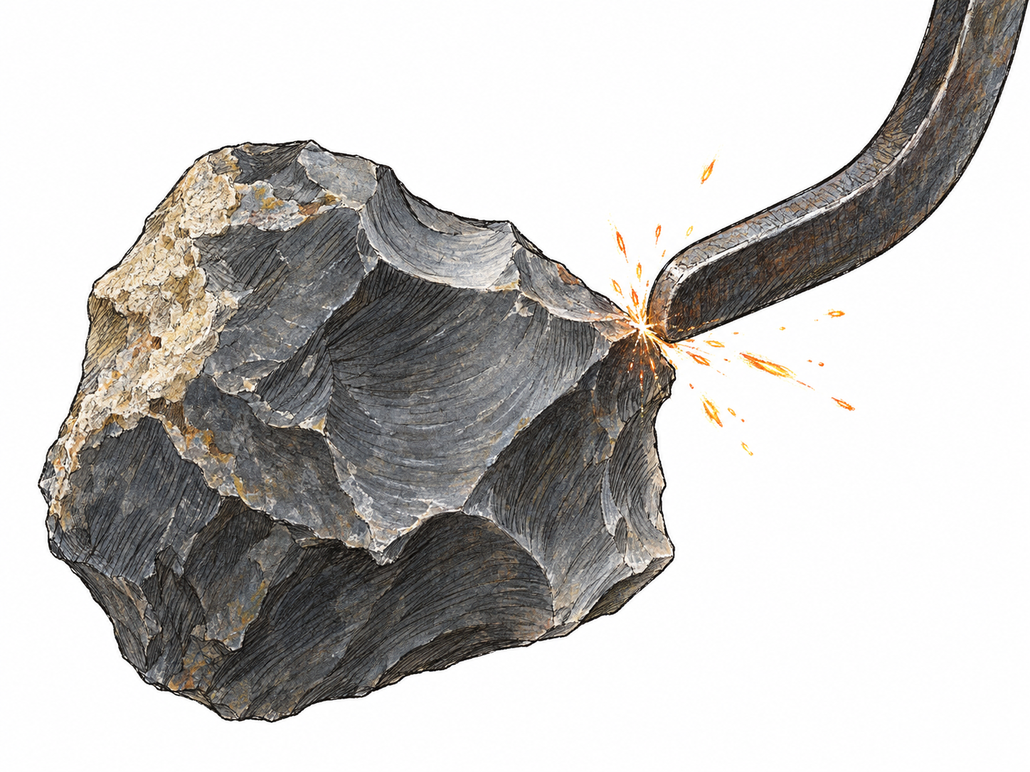 Close-up of a chipped gray flint stone meeting a steel fire striker, with a few bright sparks issuing from the contact point.