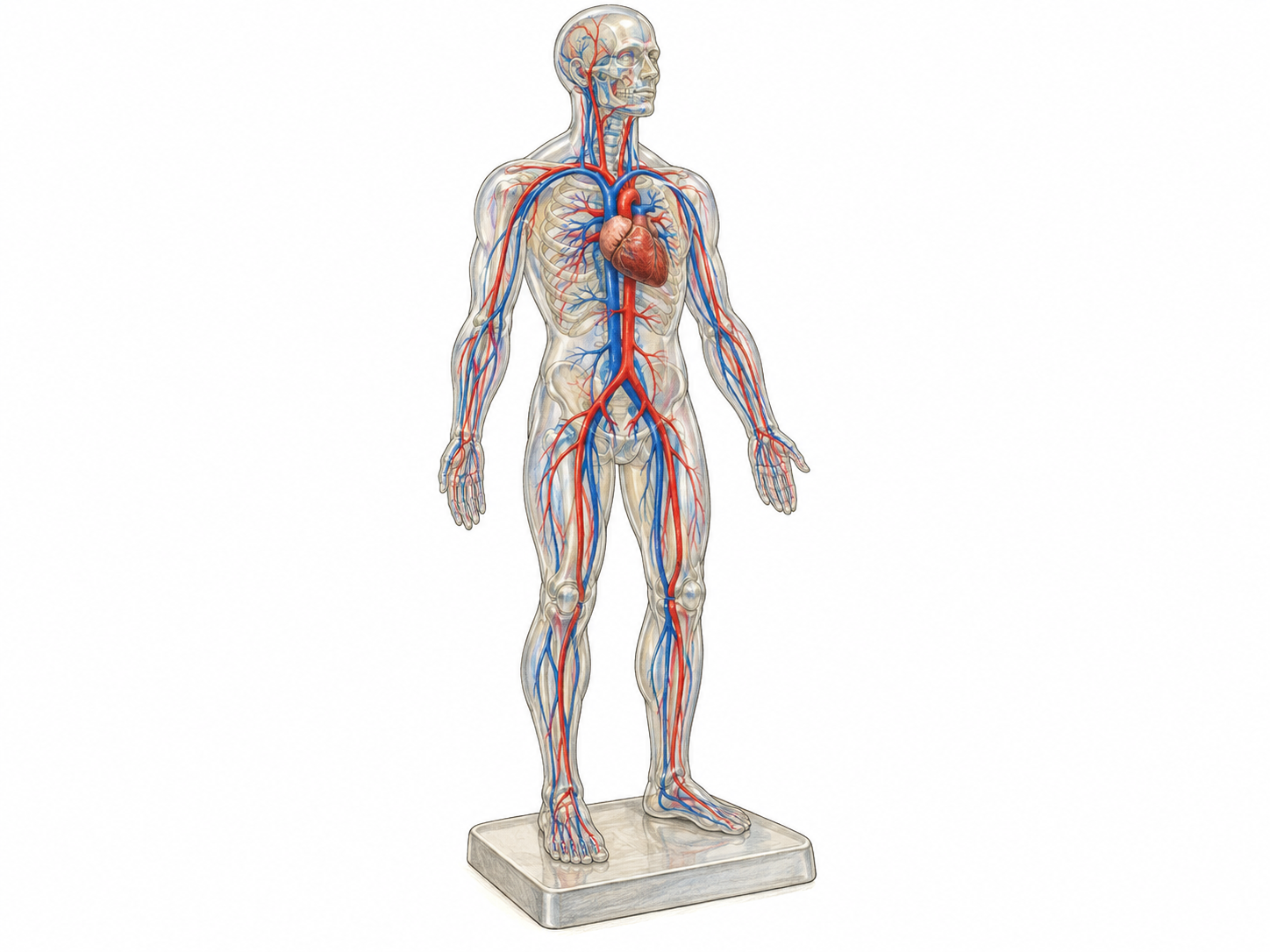 A freestanding anatomical teaching model of the human body, with a translucent outer shell revealing the heart and branching red and blue blood vessels extending through the torso, arms, and legs.