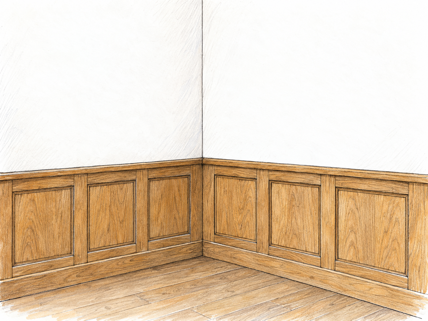 A simple interior wall corner with warm oak paneling covering only the lower portion and plain white plaster clearly visible above.