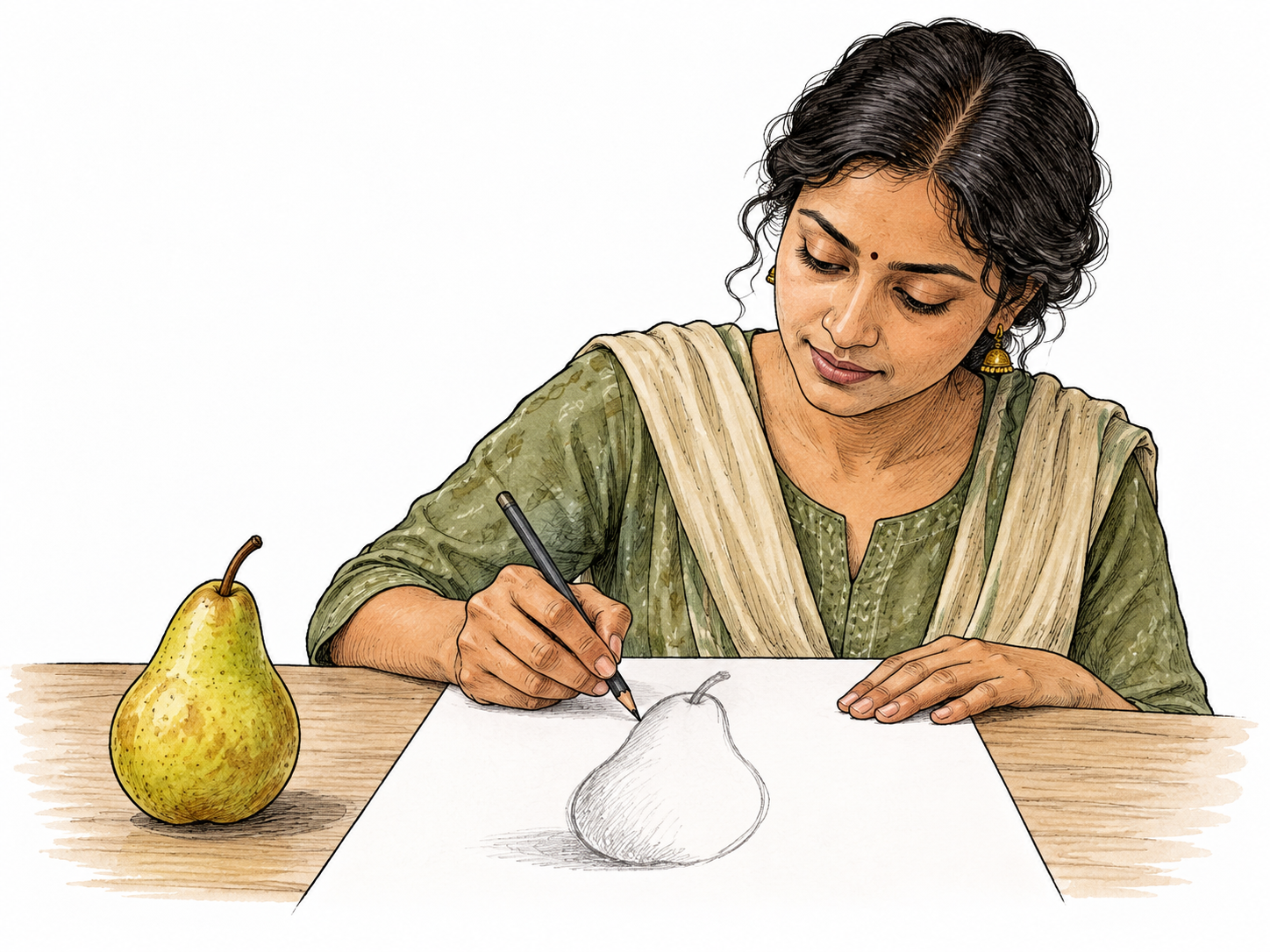 An adult draws a simple pear with a graphite pencil on blank paper, real pear beside sketch, hand makes visible contour line.