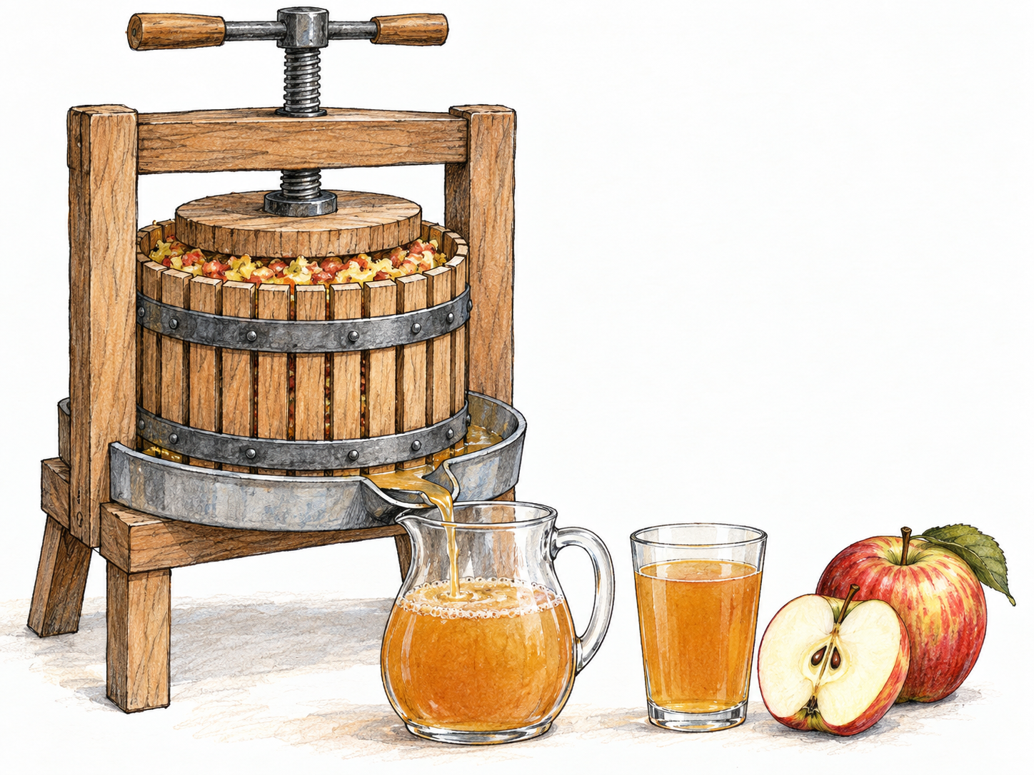 A small apple press releasing amber apple juice into a clear pitcher, with a filled drinking glass and freshly cut apples beside it.