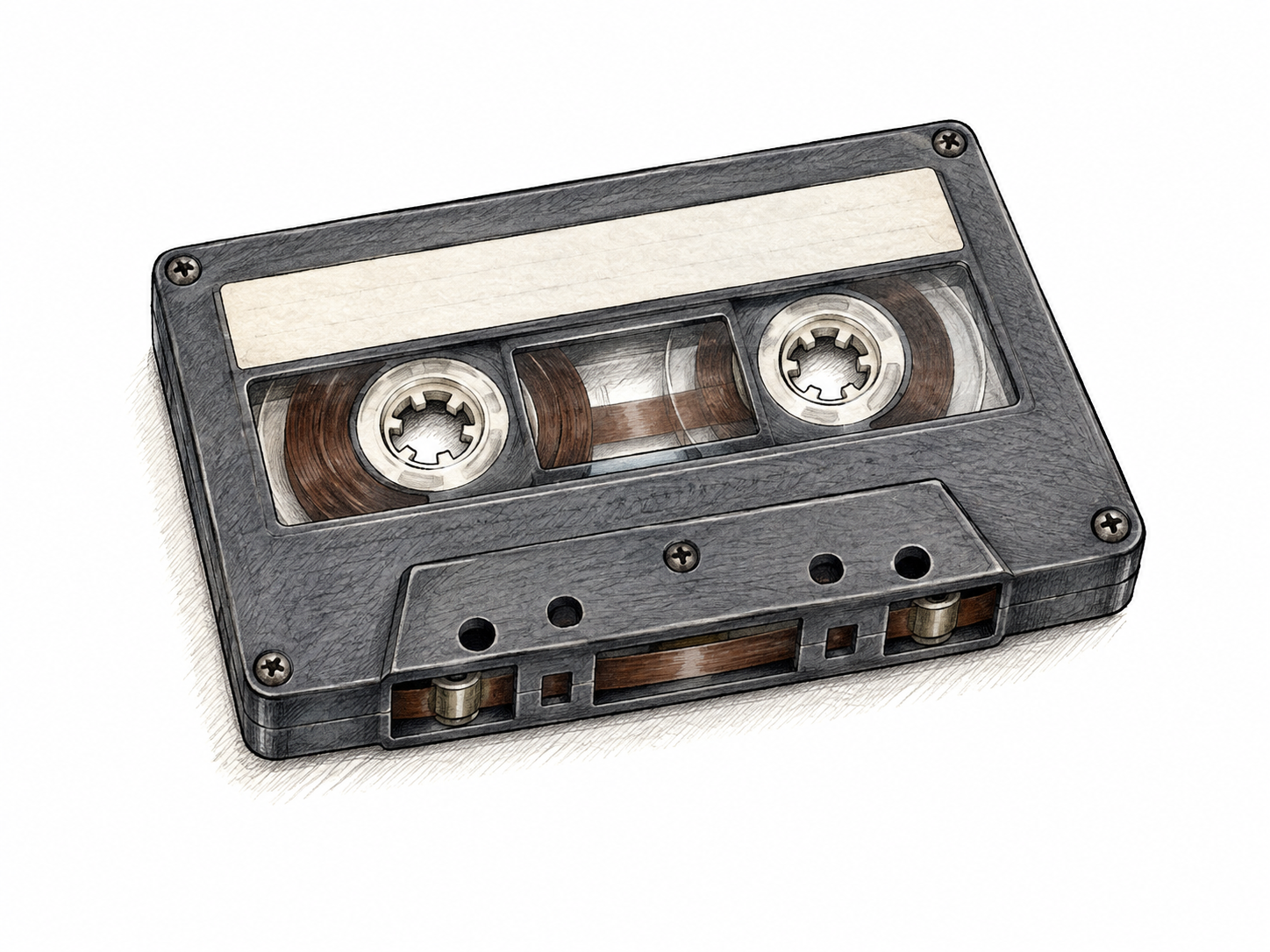 One compact audio cassette in three-quarter view: rectangular plastic shell, two reel hubs visible through clear windows, continuous brown magnetic tape winding between reels and exposed along the lower playback edge.