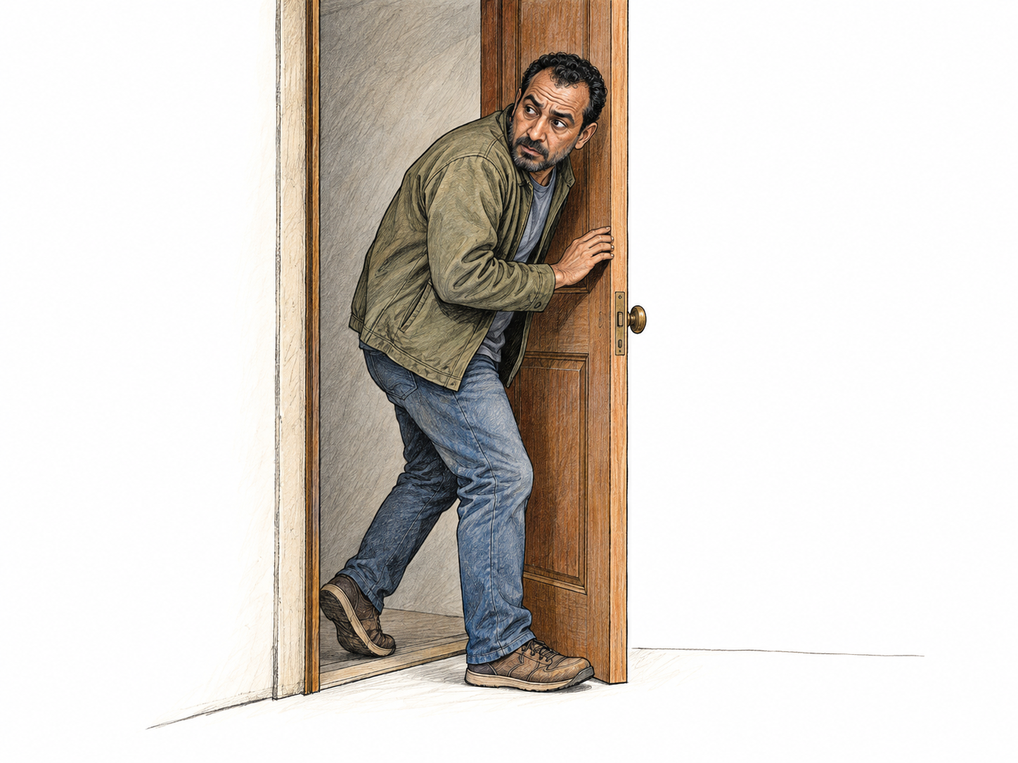 A worried man slinks out through a partly open doorway, keeping close to the wall with hunched shoulders, a cautious raised heel, and a backward glance.
