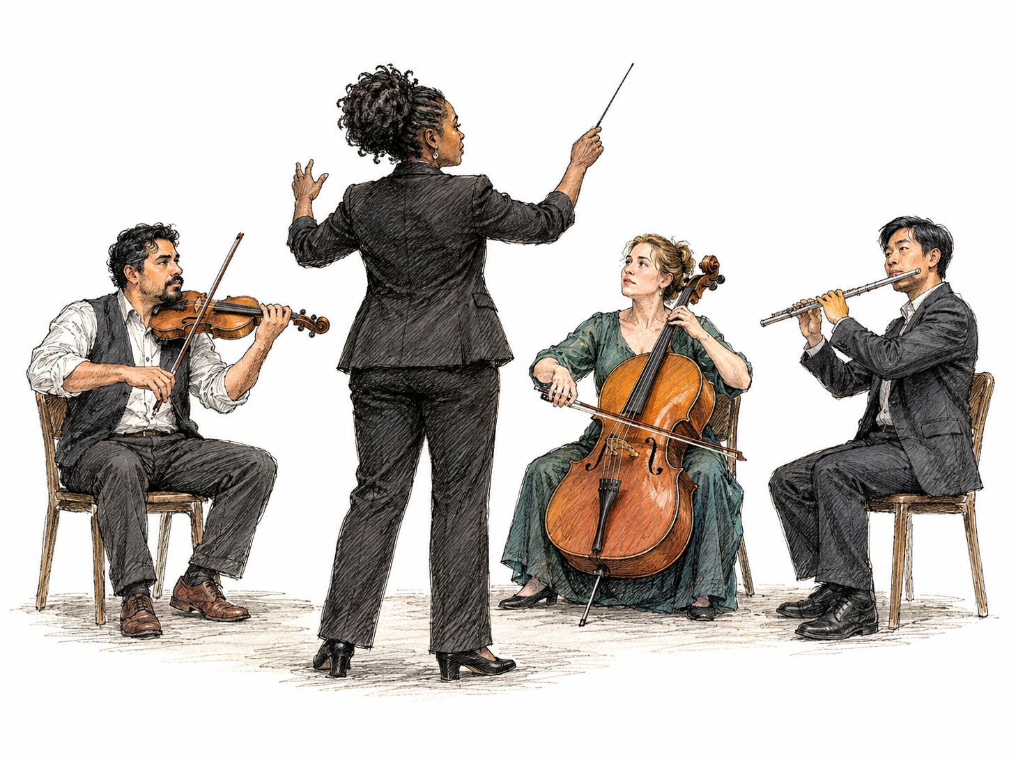 A conductor directs three musicians with an unmistakable baton gesture; violinist, cellist and flutist watching the conductor, no music sheets or writing.