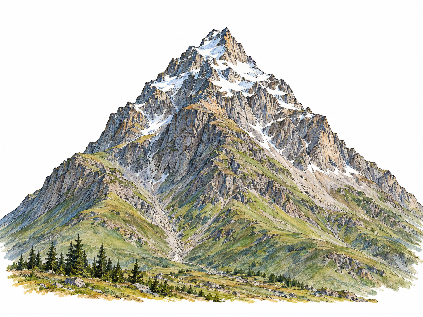 A towering natural mountain with a sharply rising rocky summit, snow near its peak, and tiny trees at its base to make its great height immediately visible.