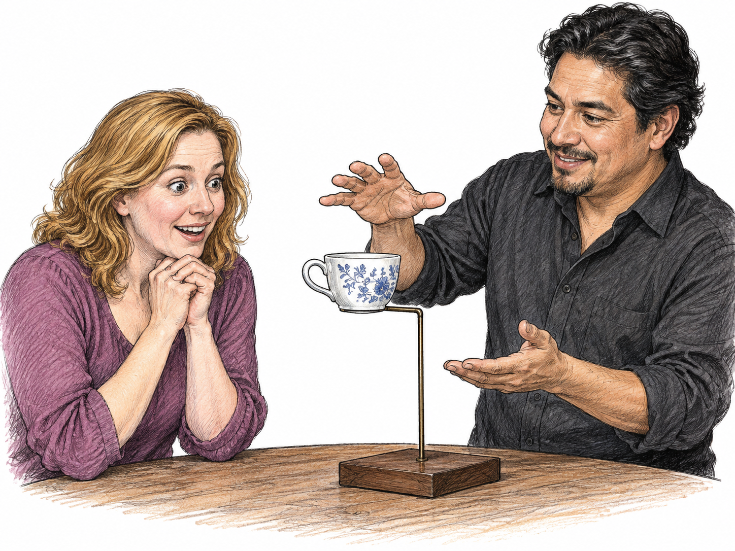 An adult looks convinced by a staged floating-cup illusion while its simple support is plainly visible to the viewer; excessive readiness to believe, no occult claim, instructions or dialogue.