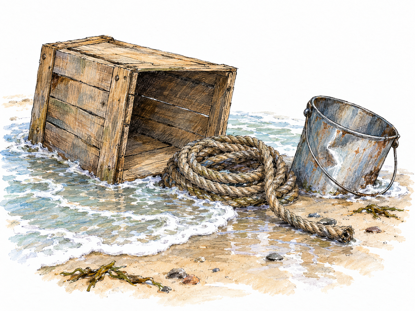 Discarded shipboard goods washed onto a quiet shore: an empty wooden cargo crate, a coil of rope, and a dented metal pail resting at the edge of a receding wave.