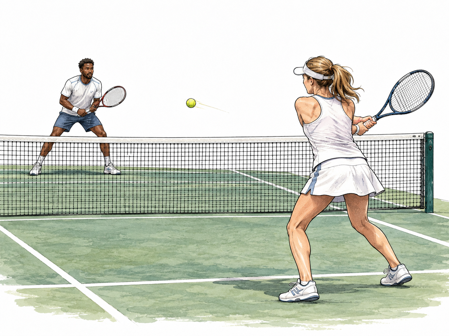 A white woman and Black man play tennis across a net on a proper court.
