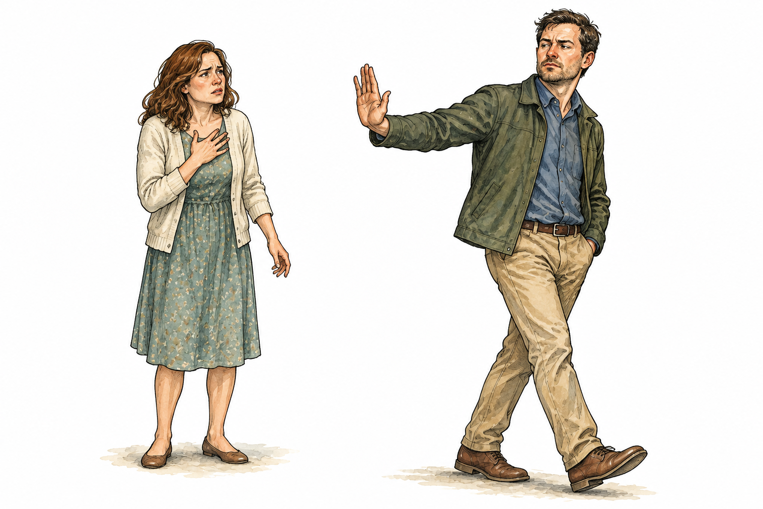 An adult making a rude dismissive gesture toward another adult whose hurt and offended expression is clear, social interaction not caricature, no words or speech bubbles.