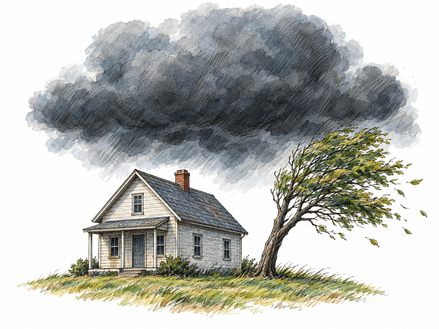 A dark, low storm cloud looms over a small unoccupied house, with a nearby tree bending in the rising wind: clear warning of danger before any damage has occurred.