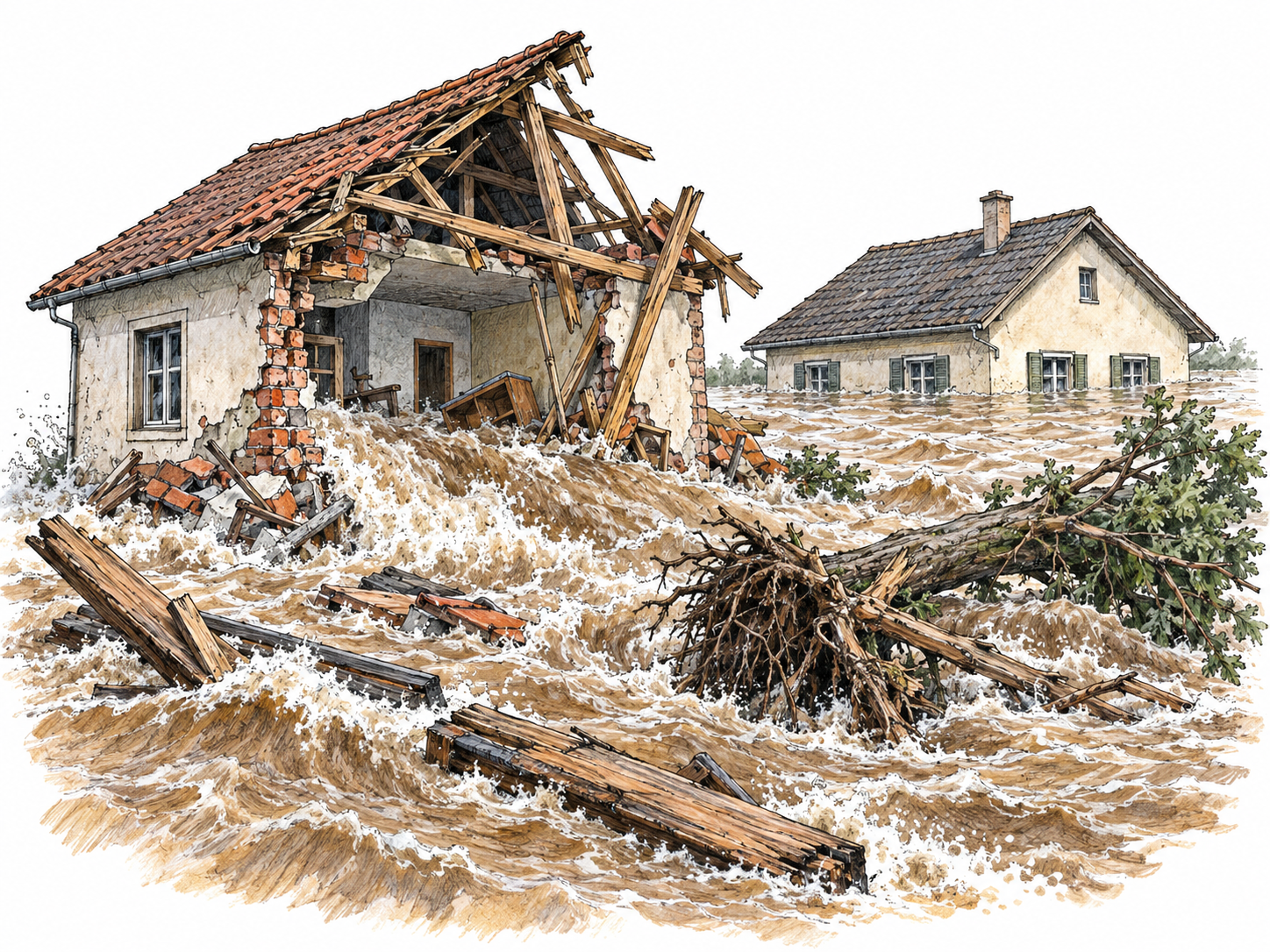 A violent flood tears through a small cluster of houses: rushing water breaks through one home's wall, carries roof timbers away, and uproots a tree.