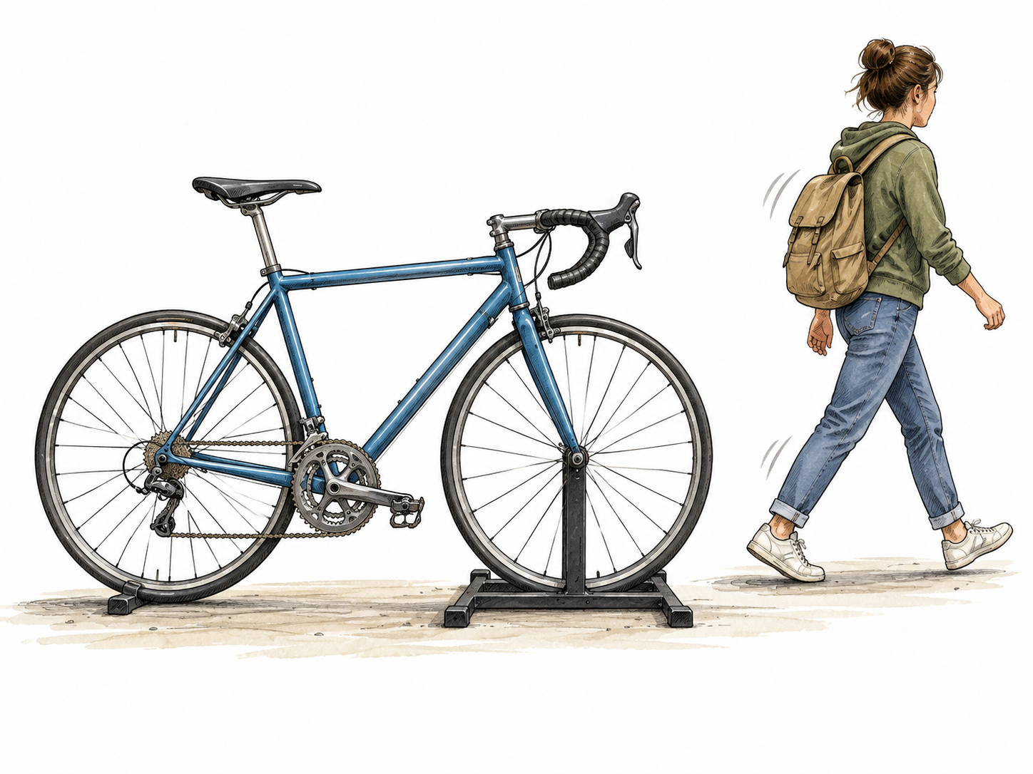 A stationary bicycle secured on a display stand while a person walks past in slight motion.