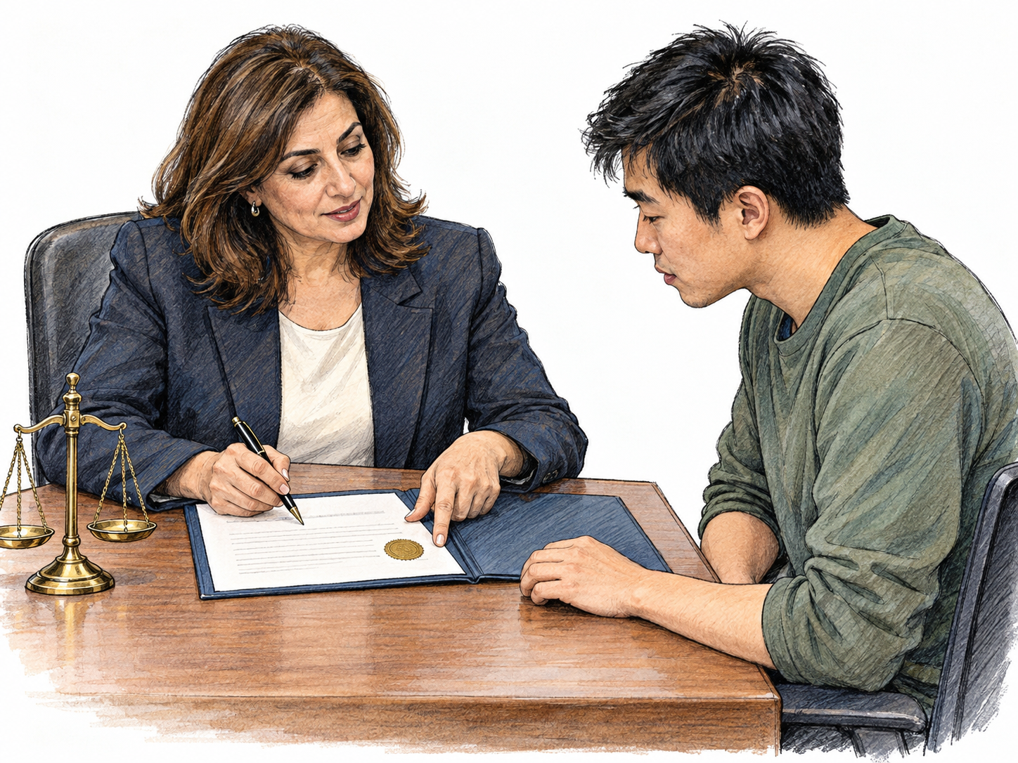 A solicitor advises a client across a small desk while preparing a formal legal document, with a restrained scales-of-justice desk ornament establishing the legal setting.