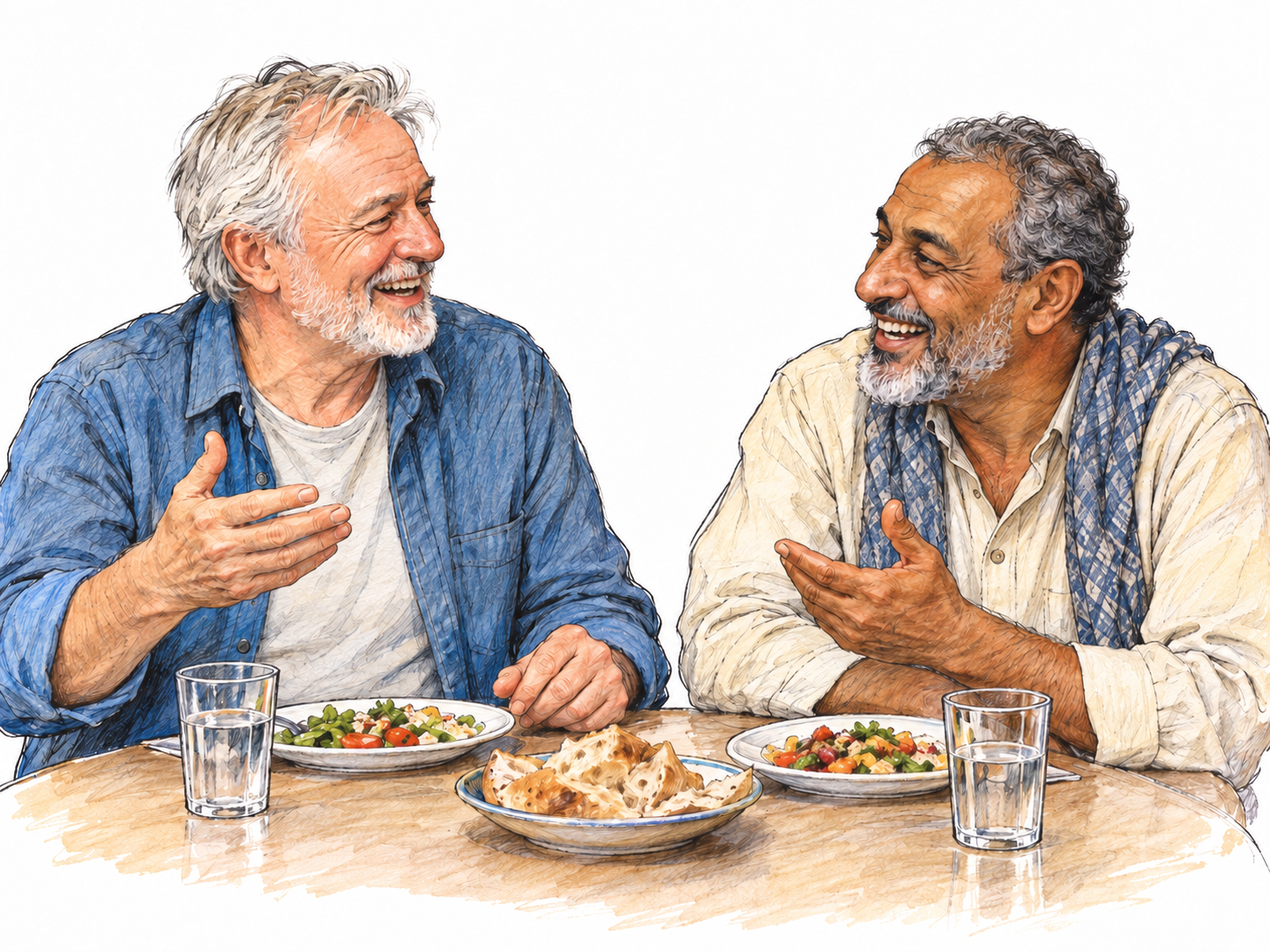 Two older friends share a simple meal, leaning toward one another with warm smiles and animated conversation, making the gathering feel friendly, lively, and enjoyable.