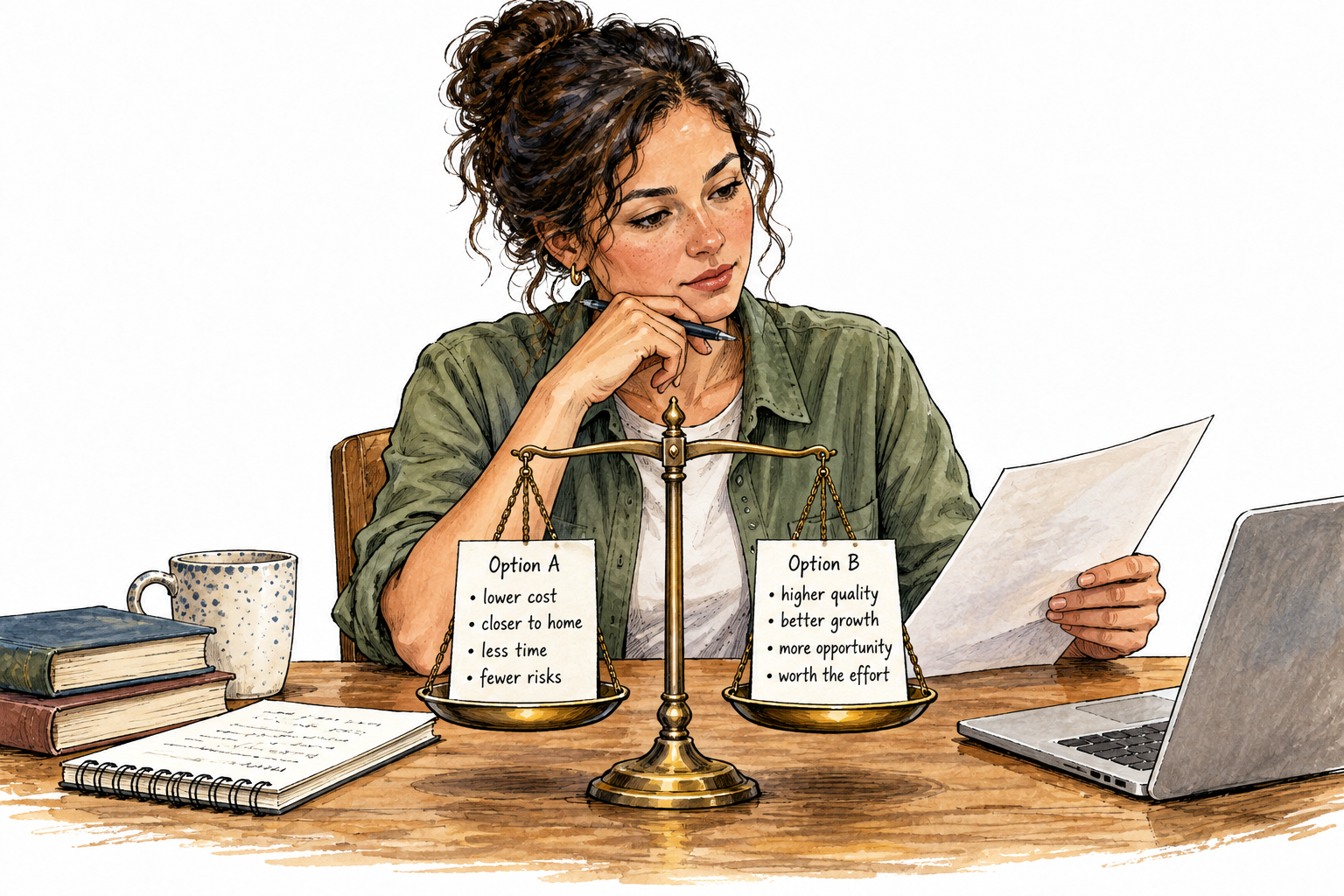 An adult compares evidence on a balanced options chart before making a practical choice.