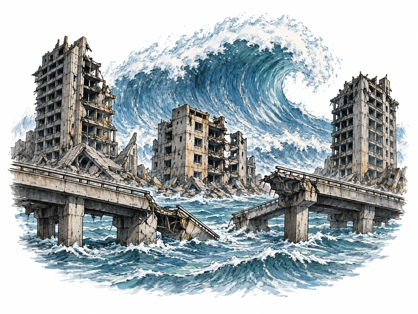 Compact editorial vignette of widespread catastrophic destruction: three broken city buildings with collapsed bridges and enormous incoming wave behind them, debris minimal, no bodies.