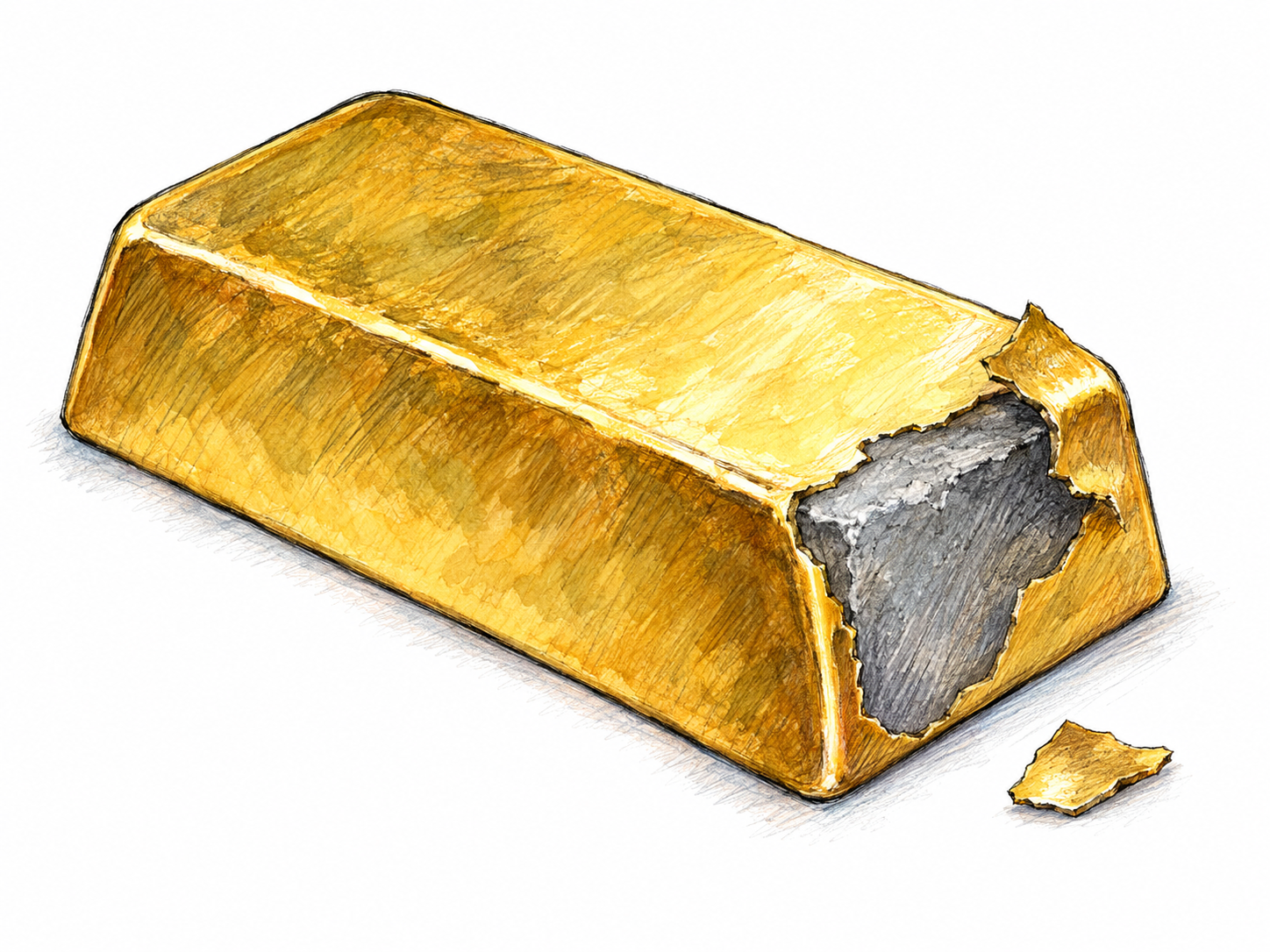 A counterfeit gold ingot with a chipped corner and peeling gold-colored coating exposing a dull gray base-metal core.