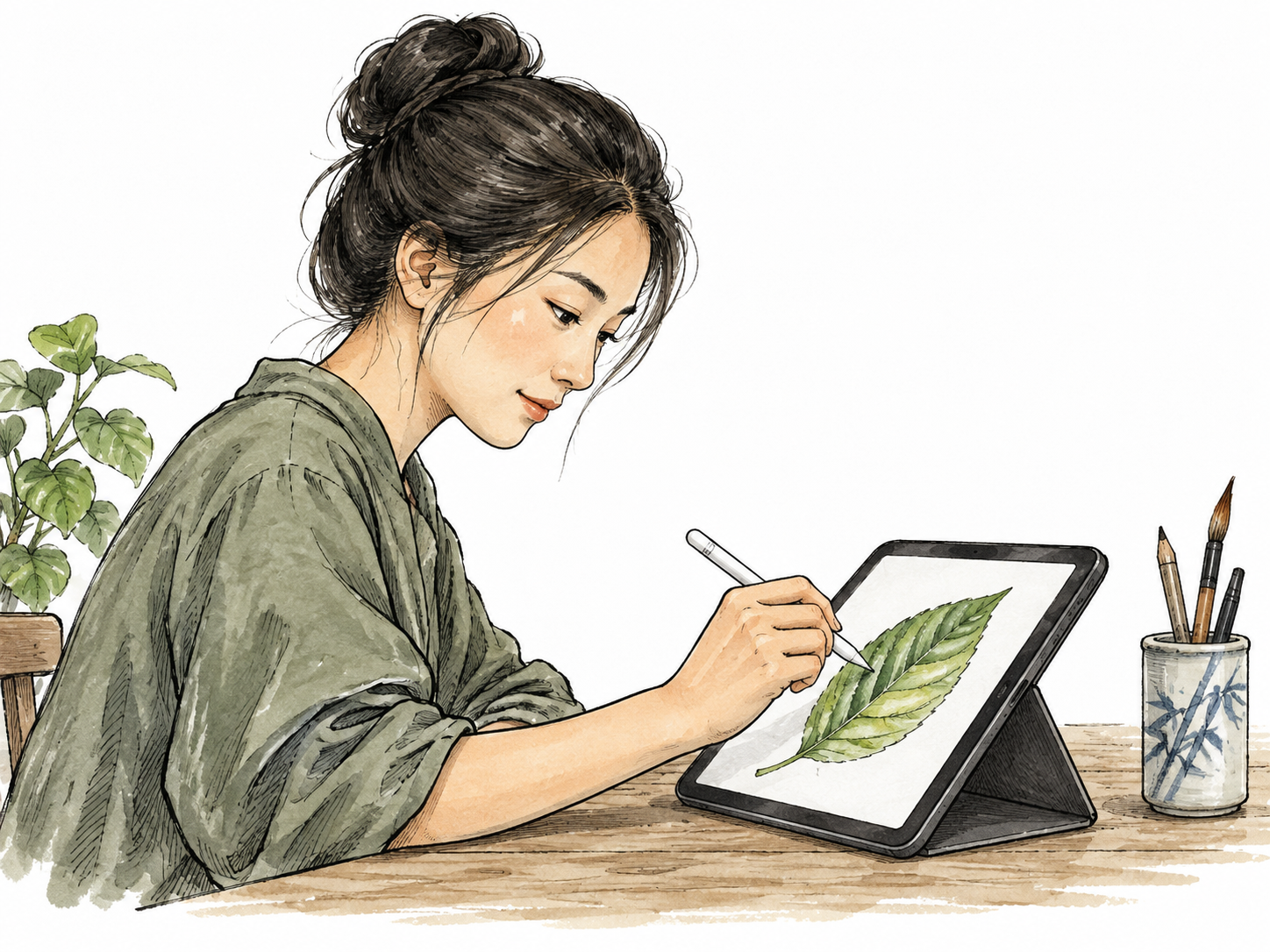 An East Asian artist uses a digital stylus to draw a leaf on a tablet.