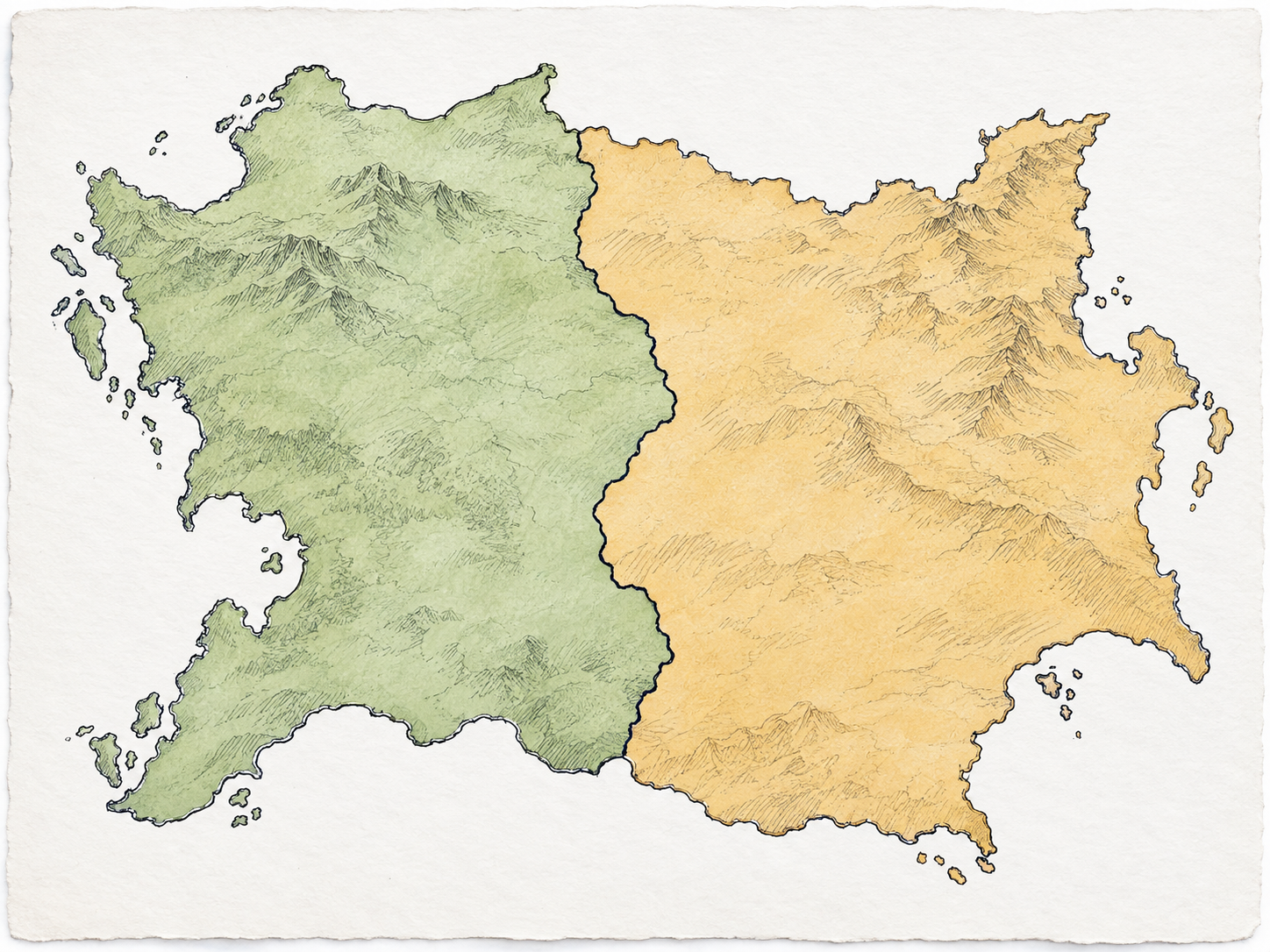 A close overhead view of a simple physical map: two adjoining regions in muted green and ochre share one crisp, dark boundary line.