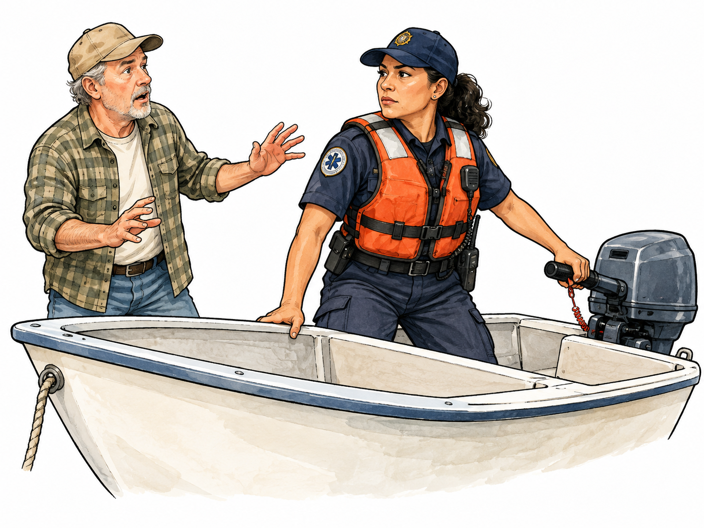 Adult uniformed emergency official takes control of an empty small boat by grasping tiller while civilian owner looks surprised, no weapon or threat.