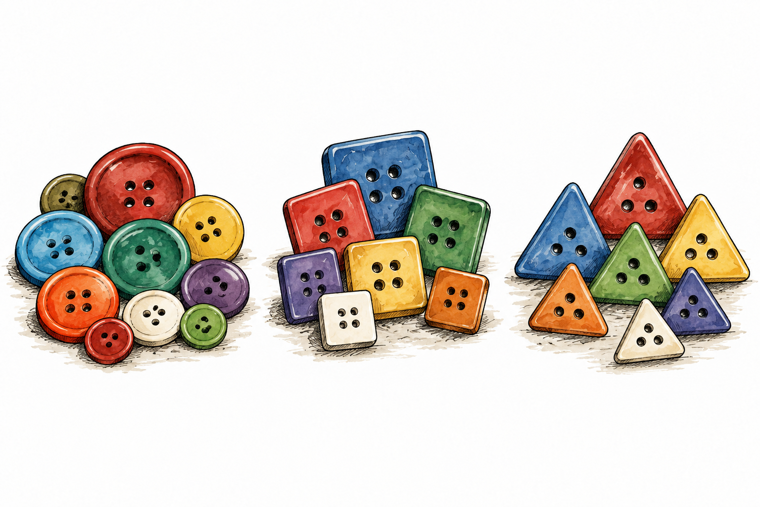 Three separate groups of buttons sorted by shared shape: circles, squares and triangles.