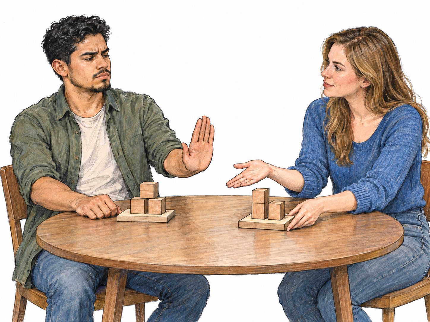 At a small meeting table, a young adult Latino man firmly refuses a compromise: he keeps his proposed wooden model arrangement close to himself and raises a palm in refusal while a young adult white woman offers an alternative arrangement between them.