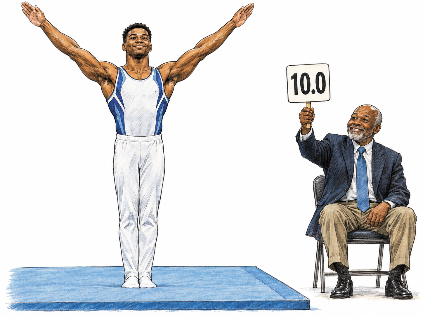 An exceptionally polished gymnastics performance earns a perfect score: a gymnast holds a clean finishing pose beside an impressed judge displaying 10.0.