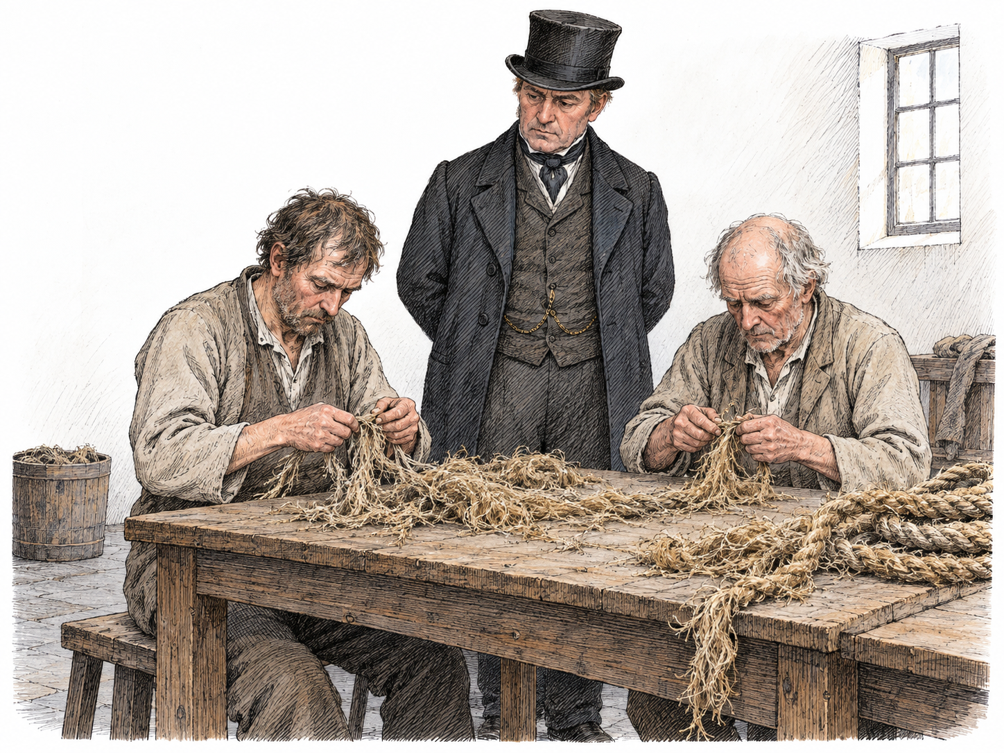 A compact nineteenth-century English workhouse labor room fragment: two adult residents in plain institutional clothes perform repetitive rope-picking at a table under an overseer’s supervision, bare walls, no chains or theatrical cruelty.