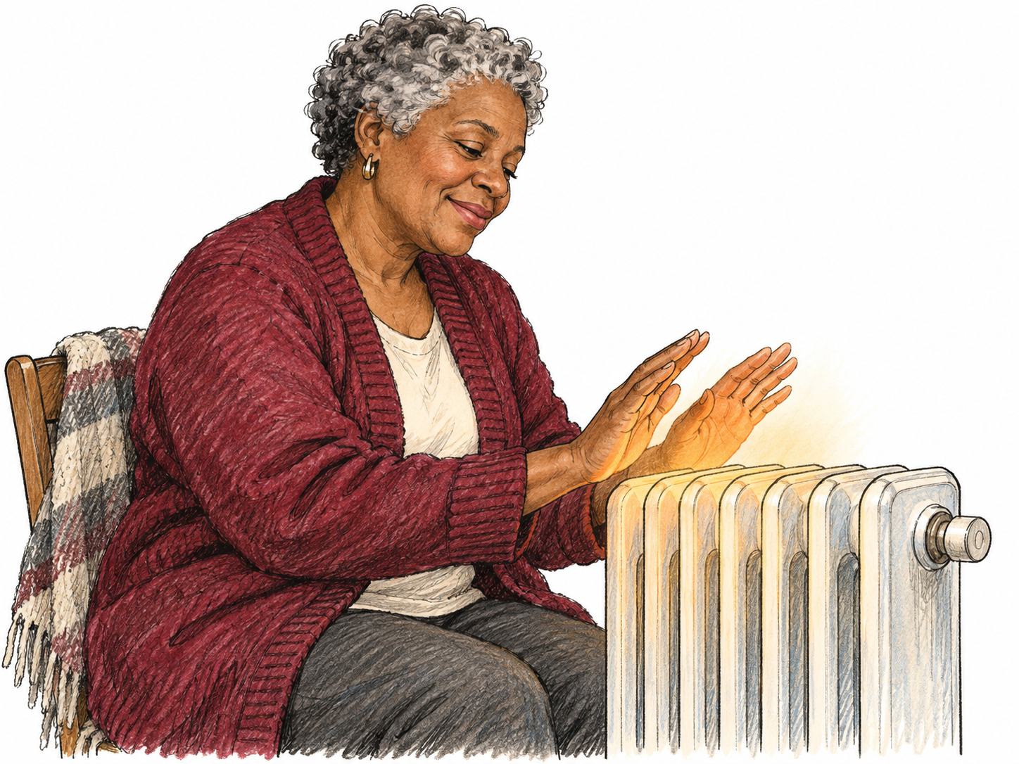 Woman feels gentle heat from small domestic radiator, hands held comfortably above it, slight warm orange wash confined between radiator and palms, relaxed smile, white surrounding space.