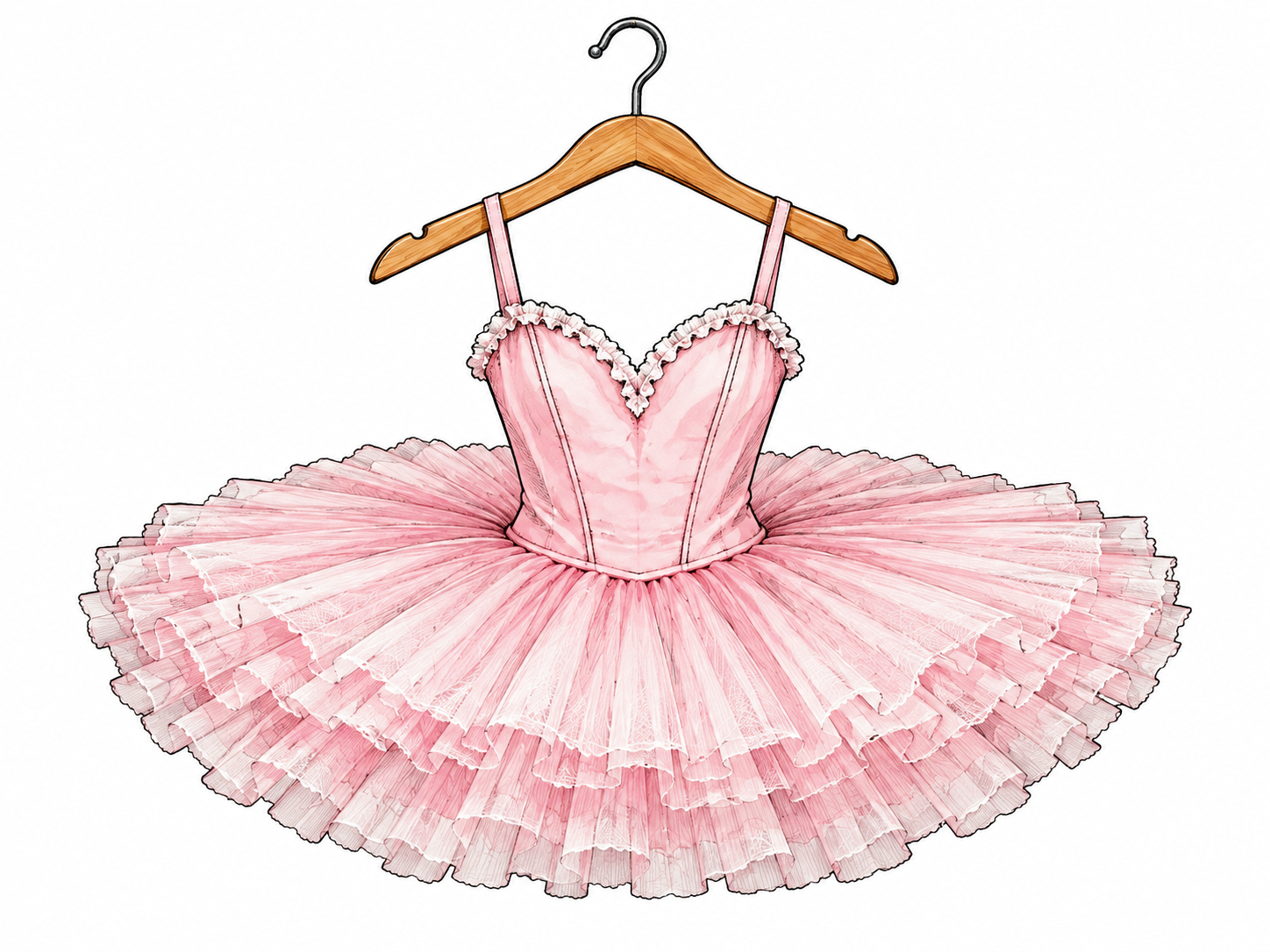 A short stiff layered ballet tutu hangs clearly from a plain hanger, showing its circular layered skirt shape; no dancer required.