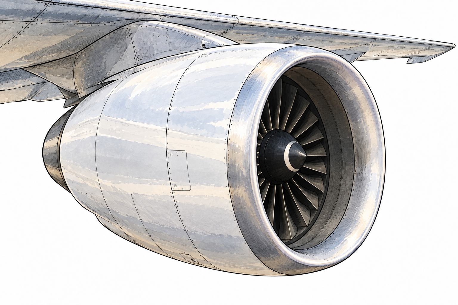 Close view of a streamlined aircraft engine nacelle under a wing, showing enclosure around engine.