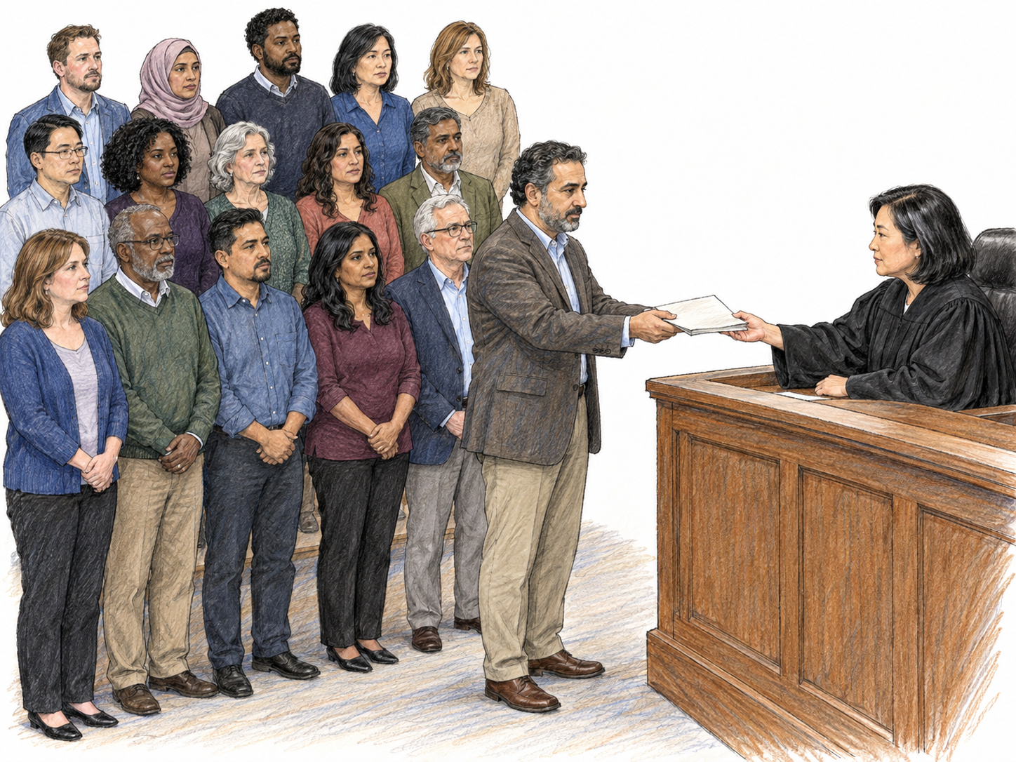 A grand-jury foreperson formally presents the jury's written findings to a judge, with the unusually large civilian jury visibly assembled behind him and no trial defendant or adversarial counsel.