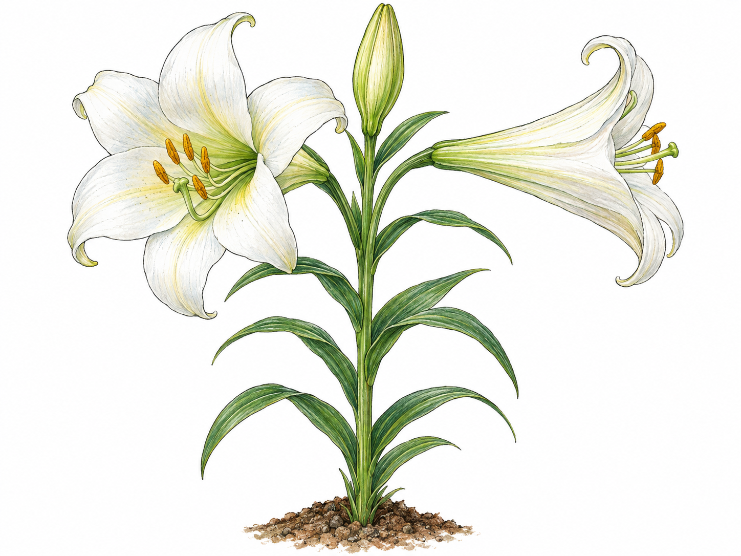 A living trumpet lily shown as a complete flowering plant, with large white trumpet-shaped blooms, prominent stamens, a closed bud, and narrow leaves along an upright green stem.