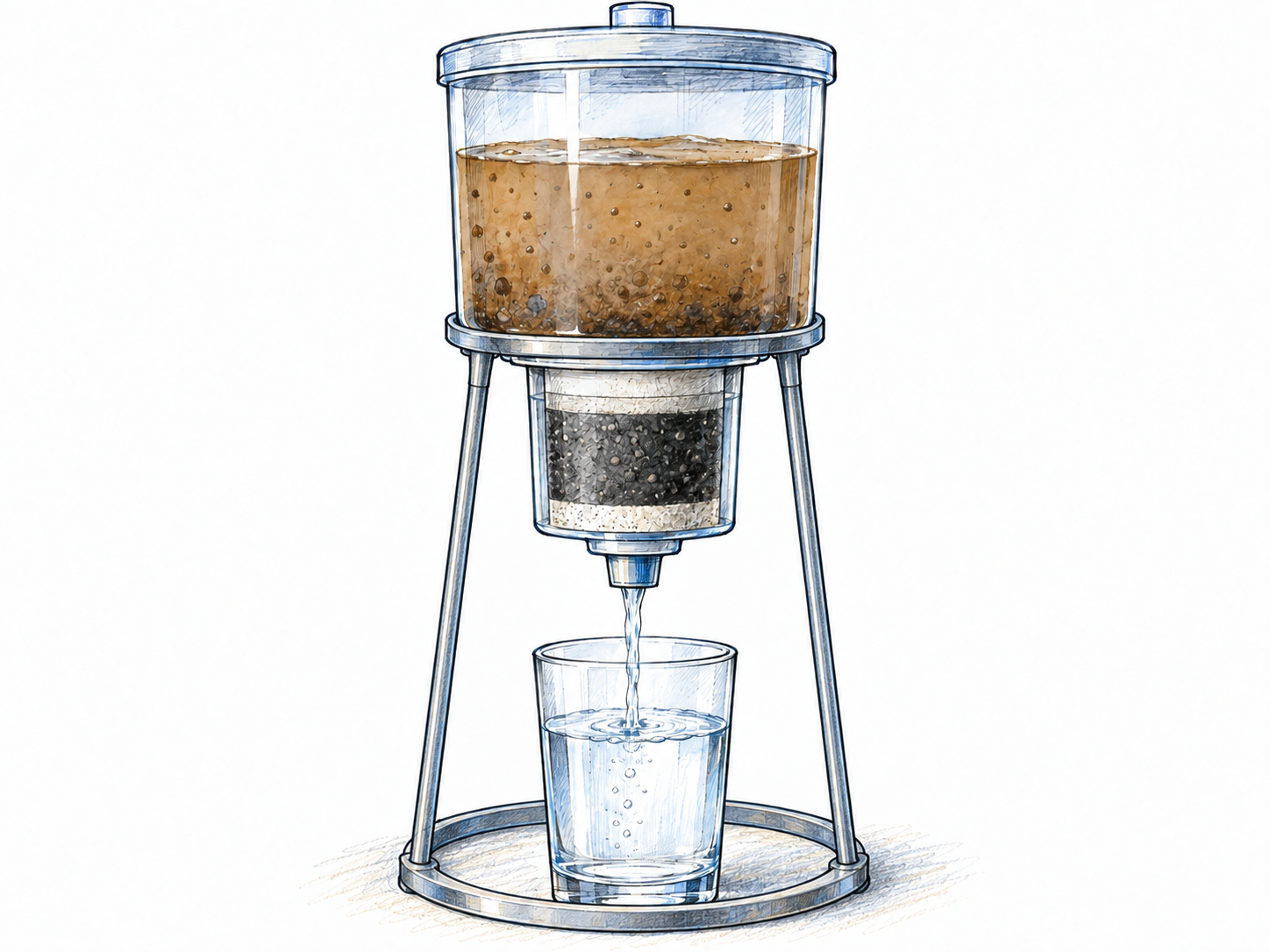 A working water filter visibly turns muddy incoming water into clear outgoing water, demonstrating its ability to achieve the intended result.