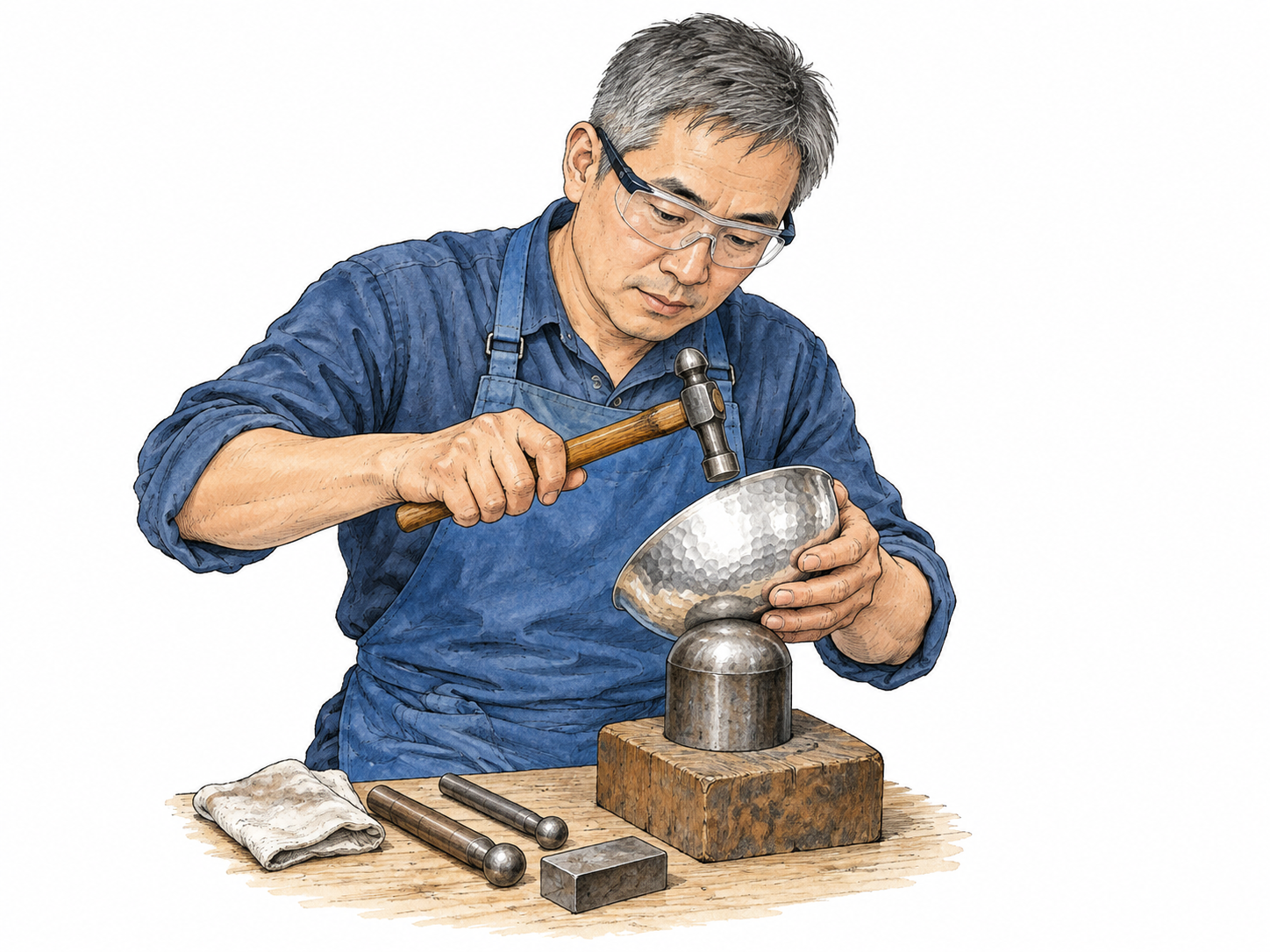Craftsperson gently hammers bright silver bowl on rounded stake, silver surface clearly pale metallic; compact workbench, no signs or workshop scenery.
