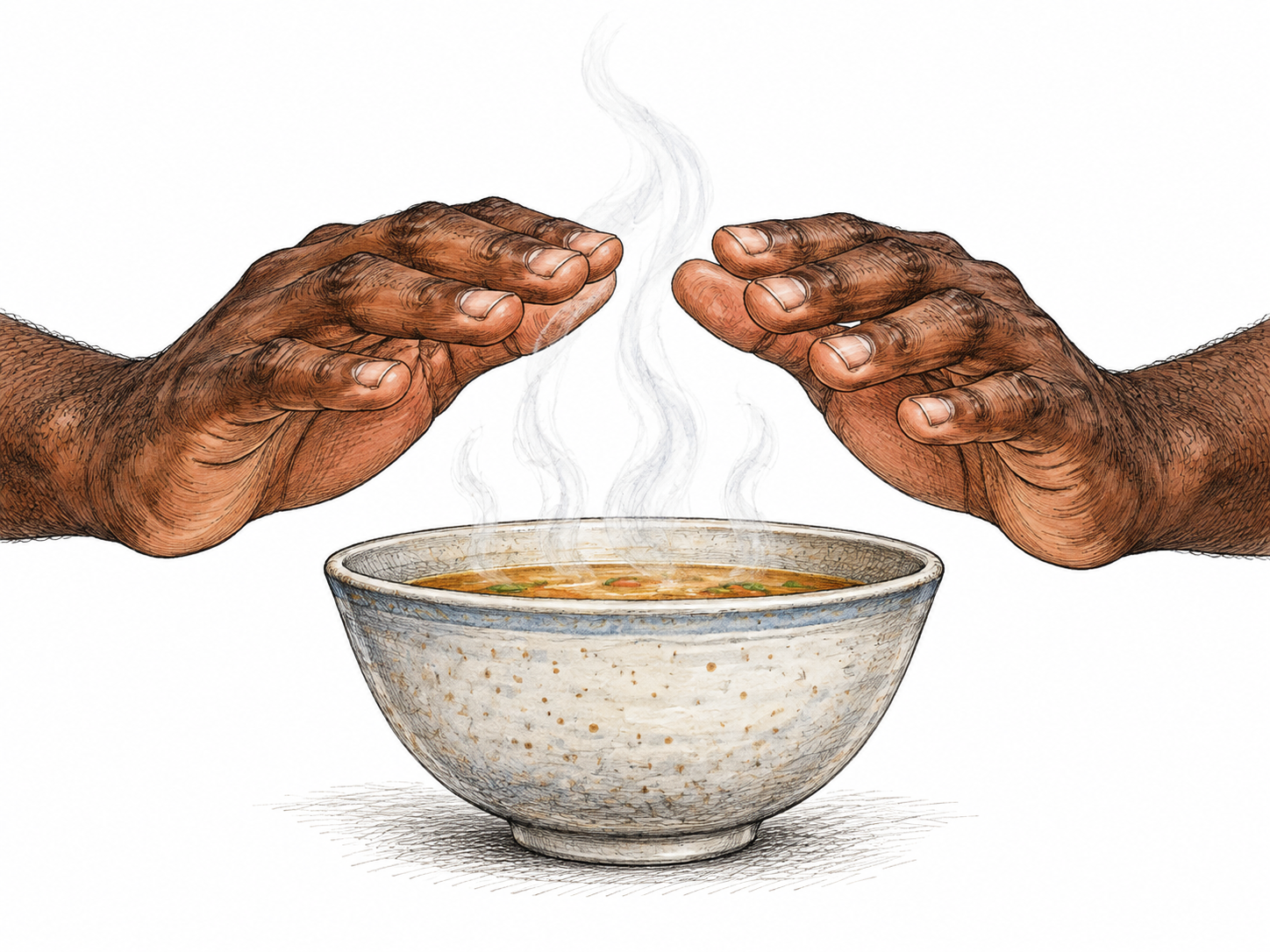 An adult holds both open palms a short distance above a steaming ceramic bowl to feel its warmth; hands do not touch the hot liquid, only hands, bowl and faint steam.