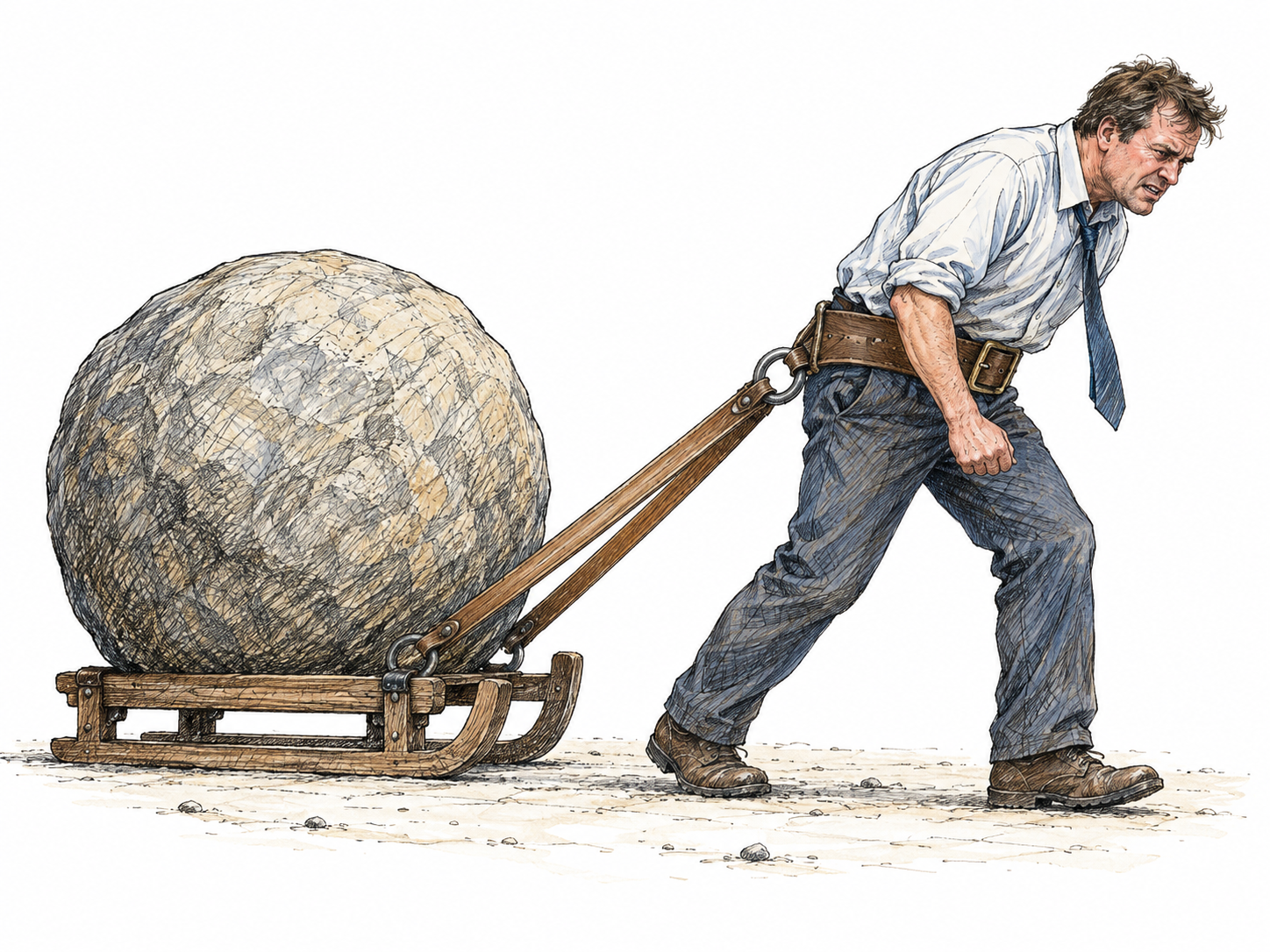 A weary traveler tries to move forward while dragging an enormous round stone on a small sledge tied to the waist by a broad belt, visibly slowed by an excessive burden.
