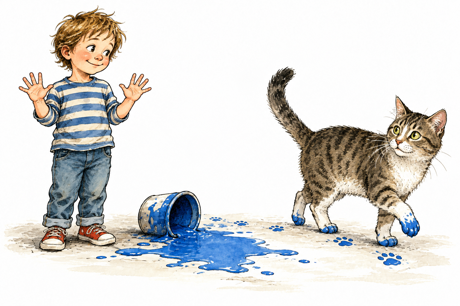 Child with clean empty hands stands beside an overturned paint pot while pet cat has paint on paws, clear freedom from blame, no words.