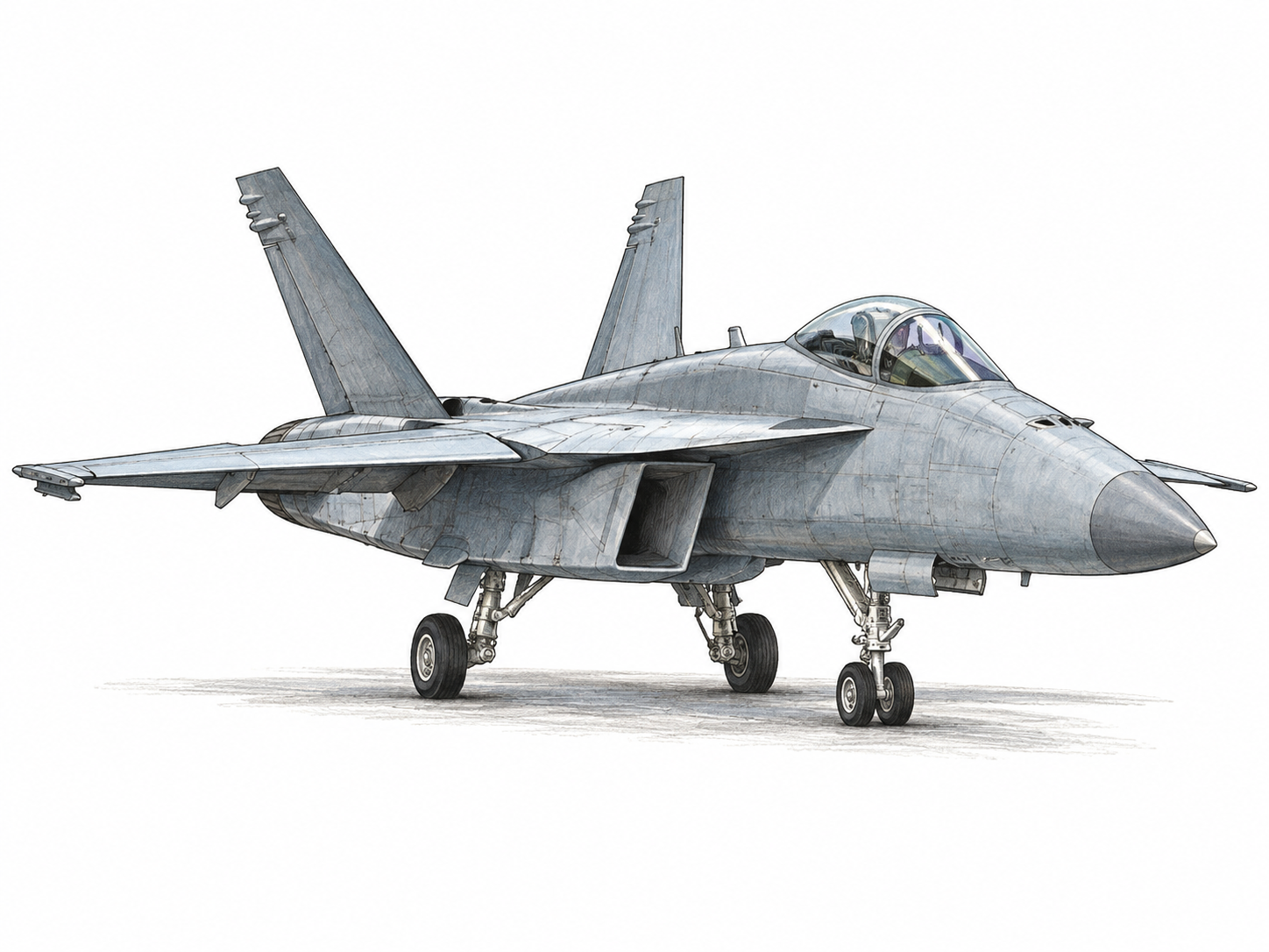 Unmarked modern military fighter aircraft with swept wings, cockpit and engine exhaust, gear down in neutral parked display; no firing, bombs falling, targets or national insignia.